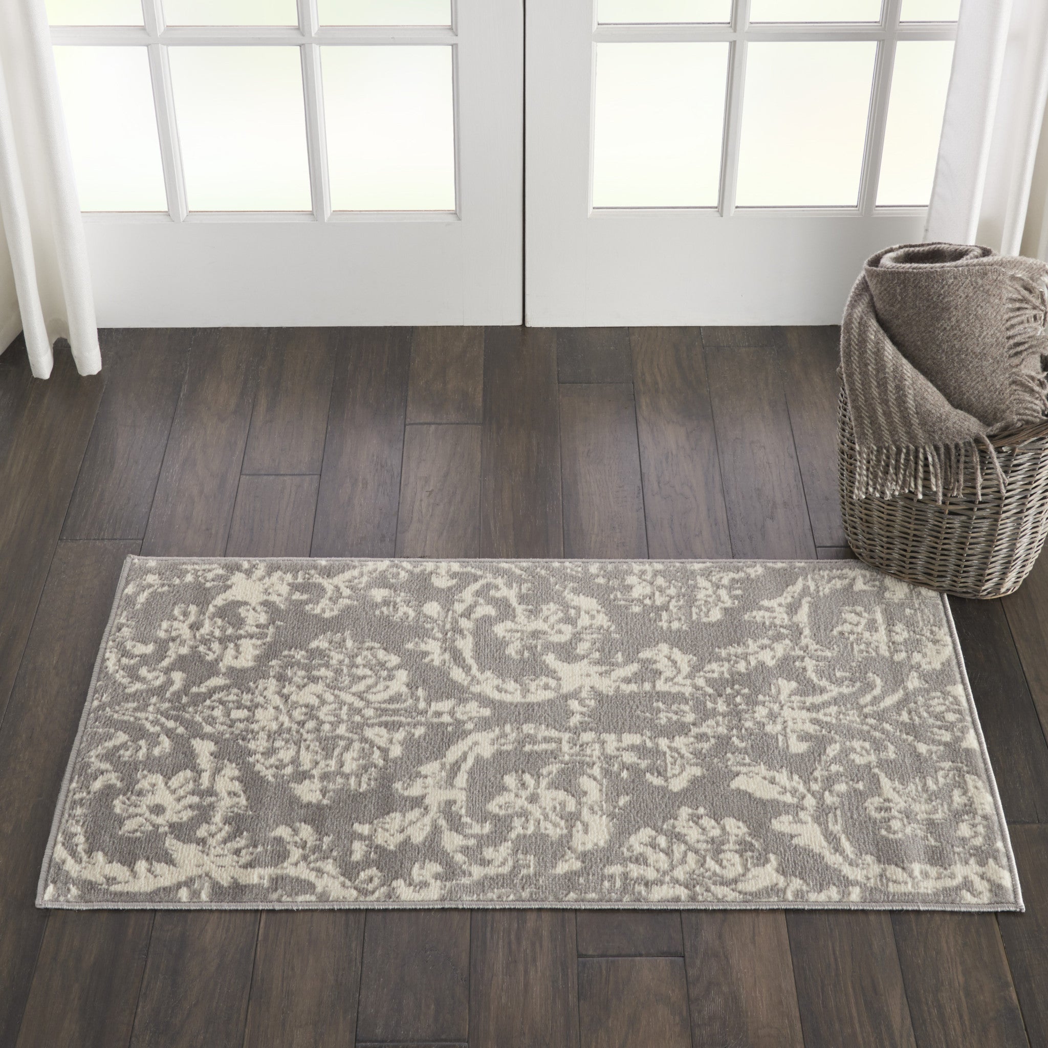 2' X 4' Gray Damask Power Loom Area Rug-4