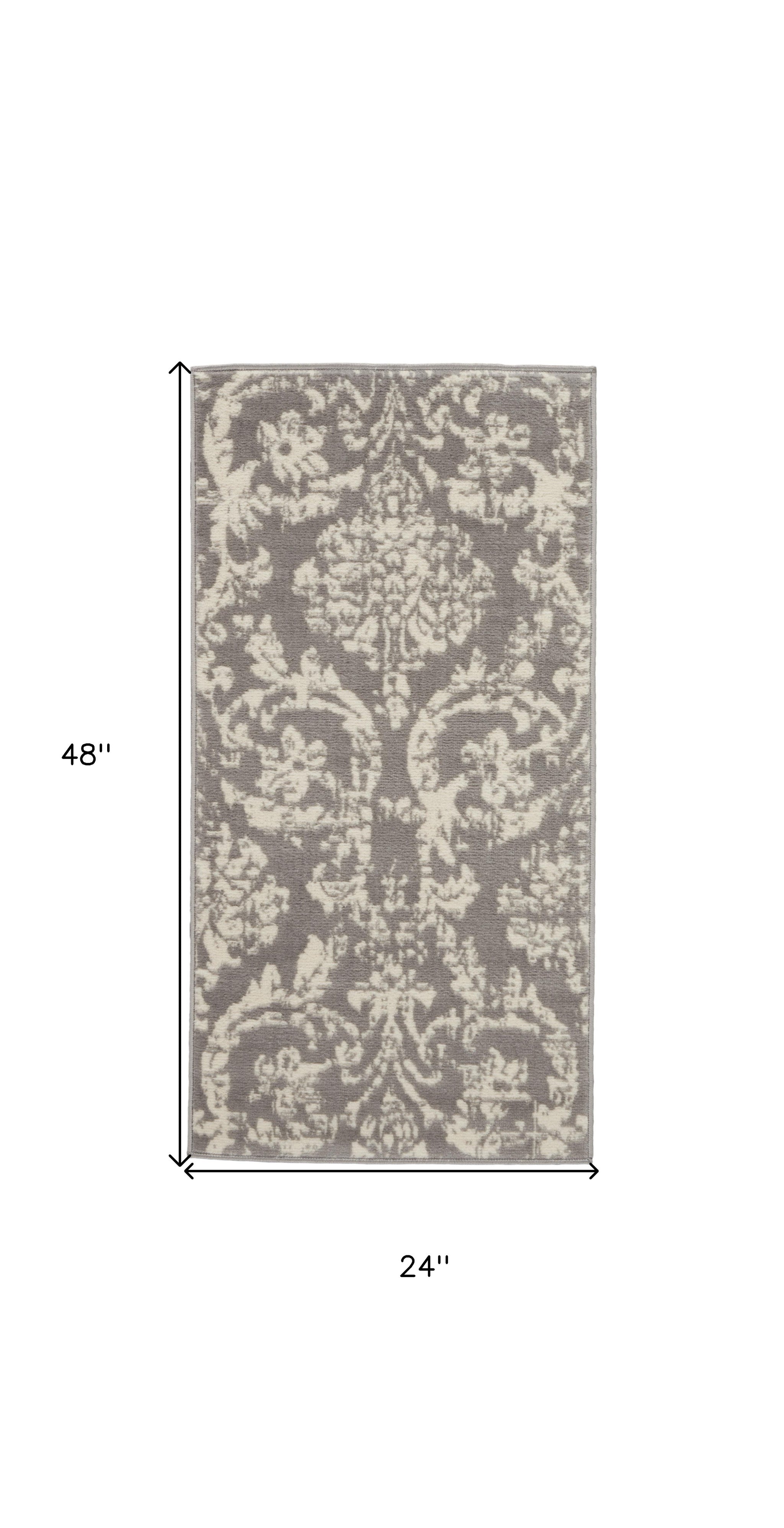 2' X 4' Gray Damask Power Loom Area Rug-5