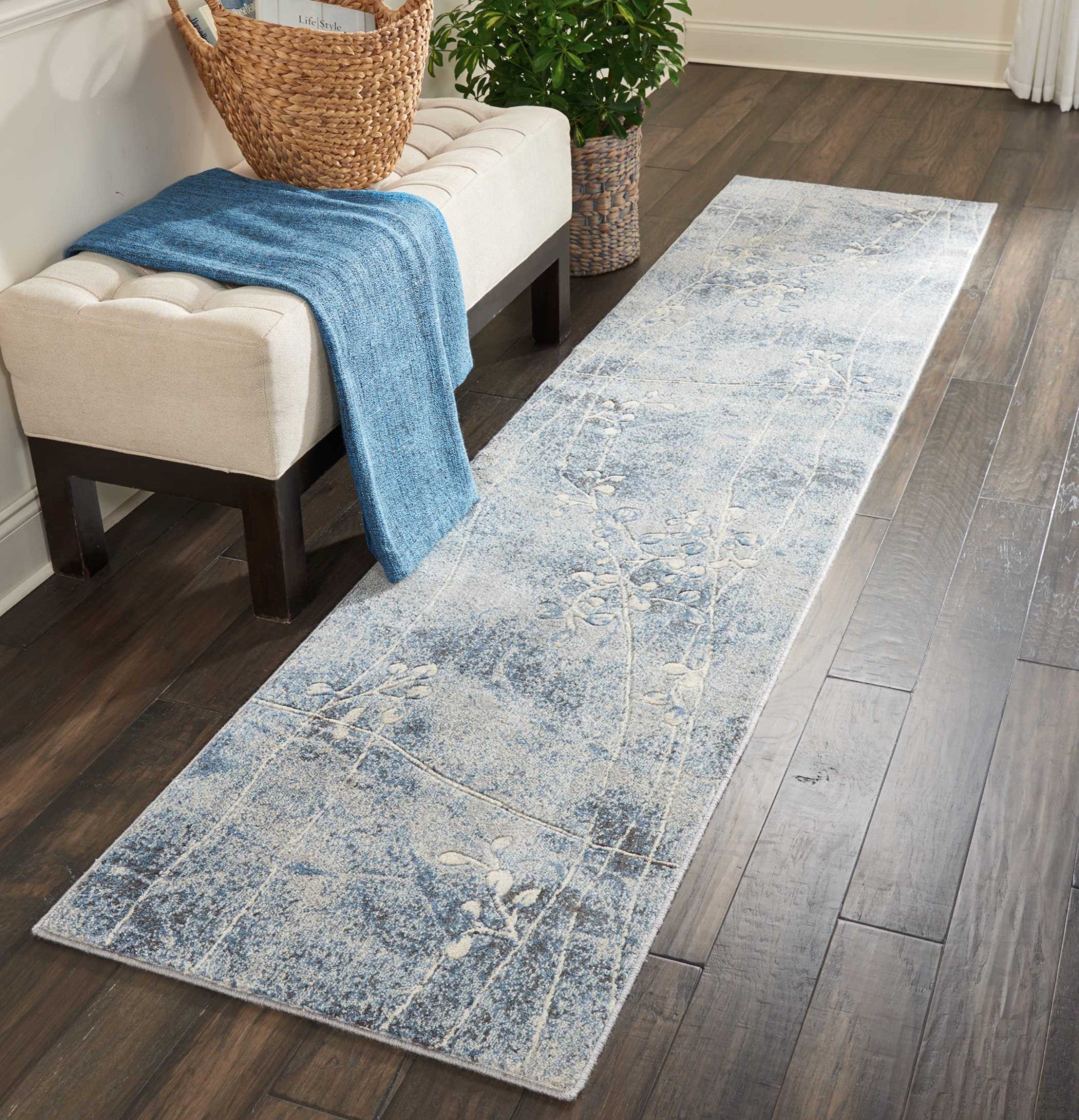 10' Blue Floral Power Loom Runner Rug-2