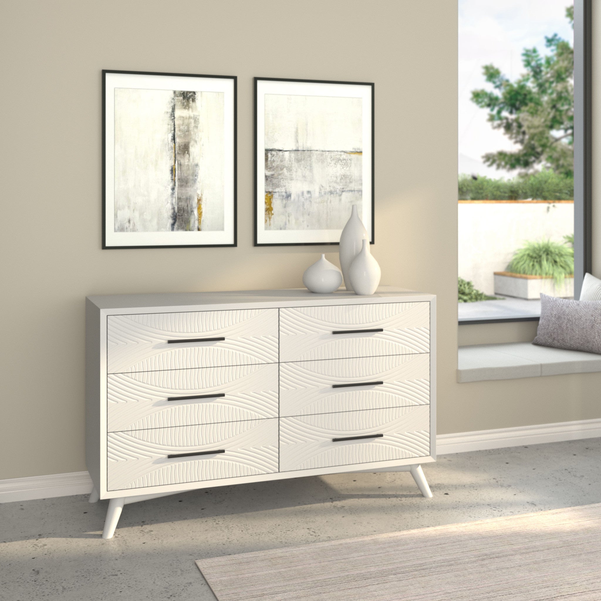 56" White Solid Wood Six Drawer Double Dresser-3