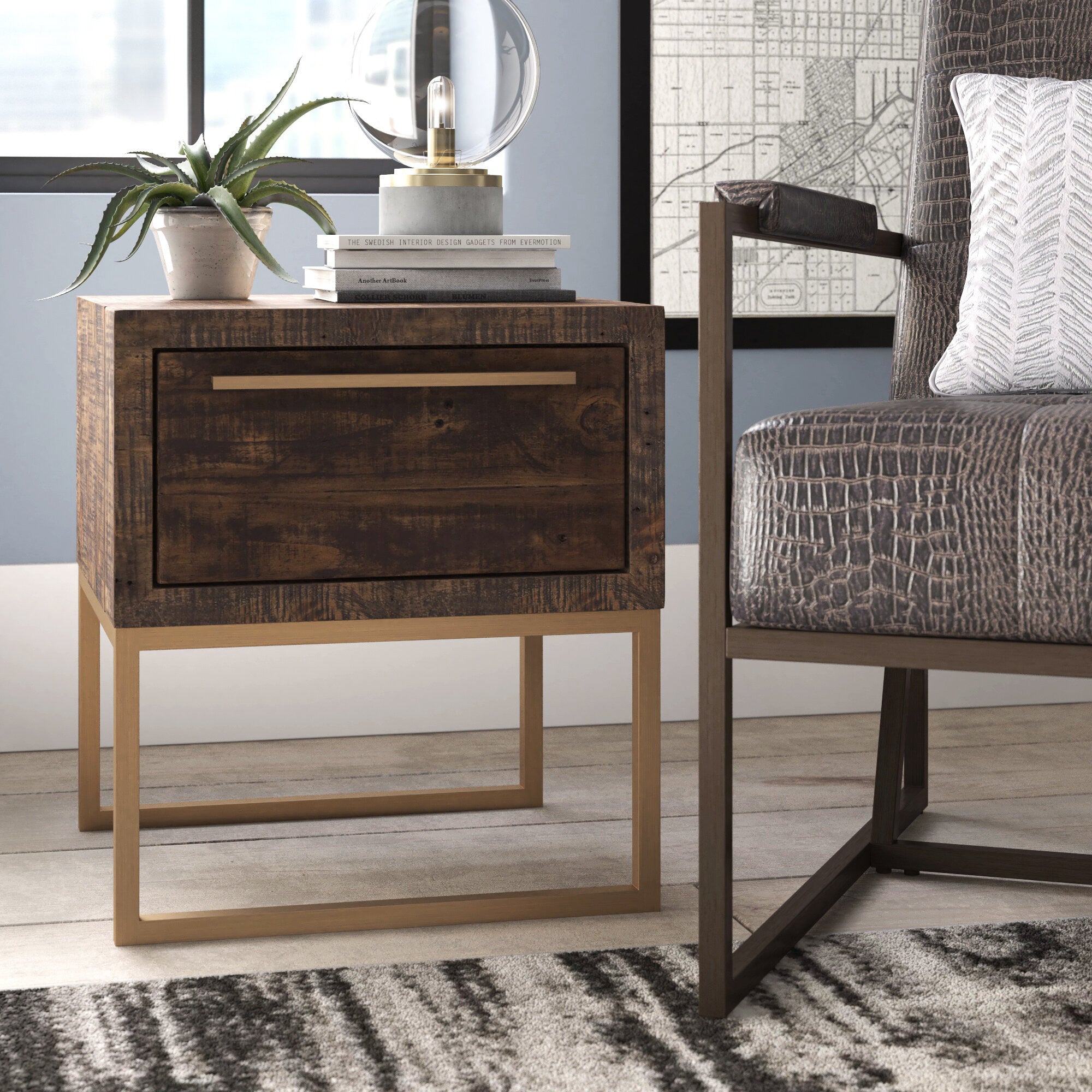 18" Antiqued Brass And Brown Reclaimed Wood End Table With Drawer-4