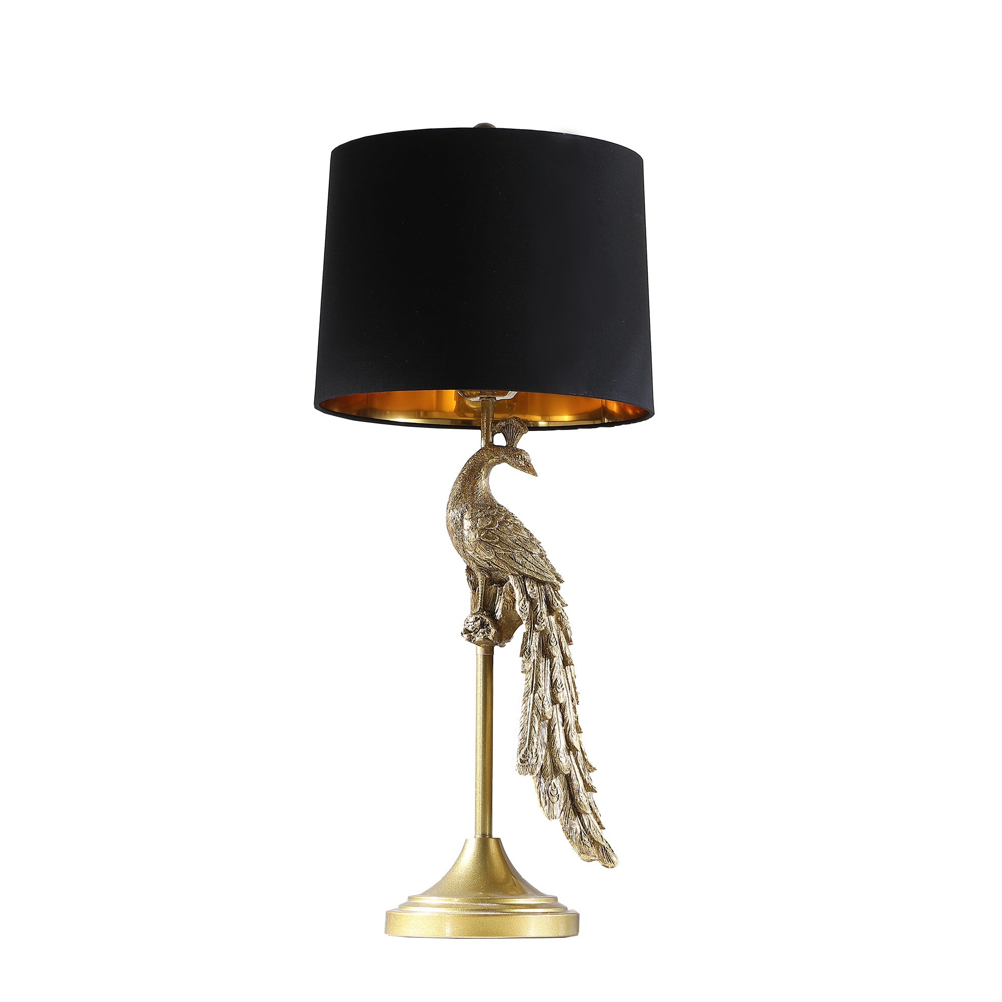 29" Gold Peacock Table Lamp With Black Drum Shade-0