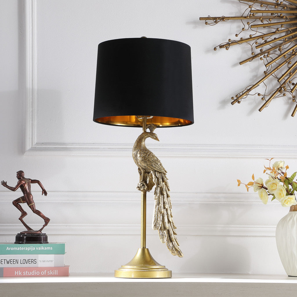 29" Gold Peacock Table Lamp With Black Drum Shade-3