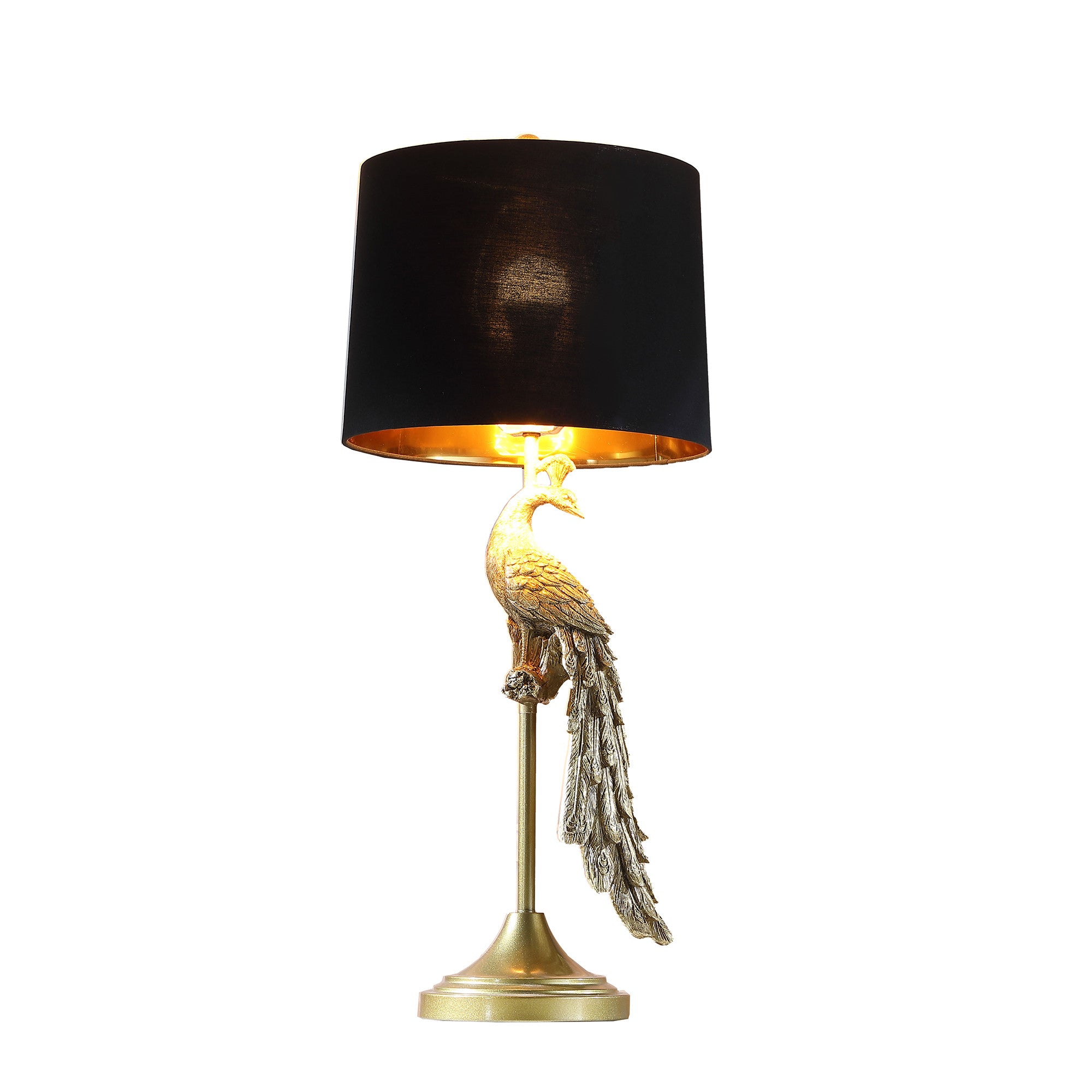 29" Gold Peacock Table Lamp With Black Drum Shade-1