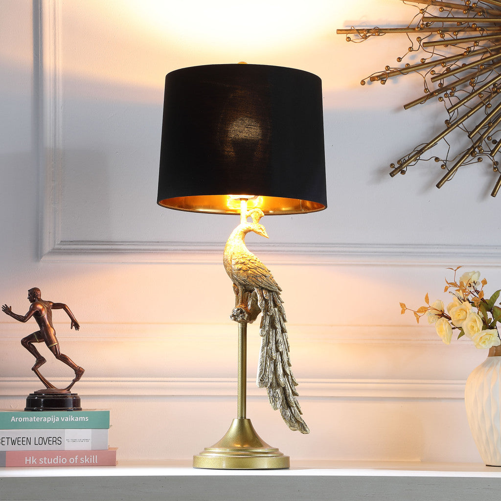 29" Gold Peacock Table Lamp With Black Drum Shade-4