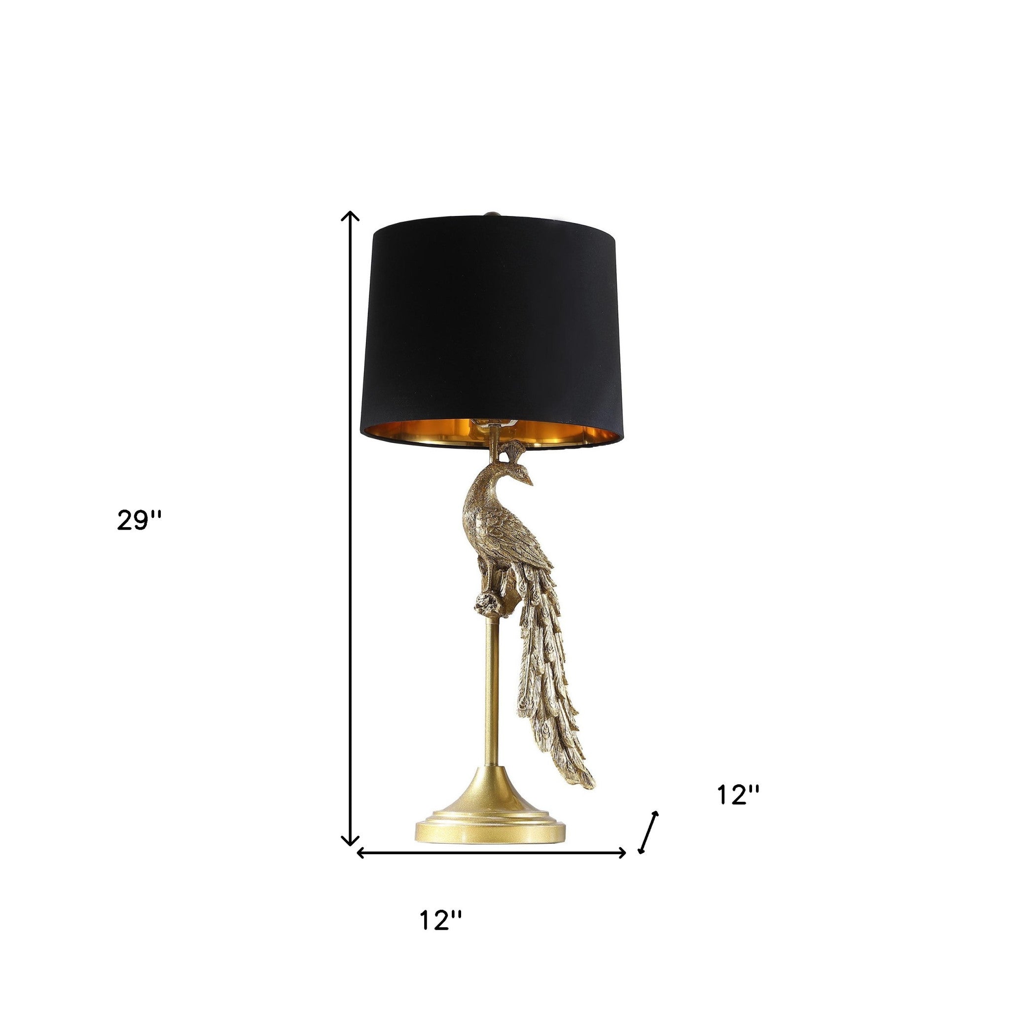 29" Gold Peacock Table Lamp With Black Drum Shade-5