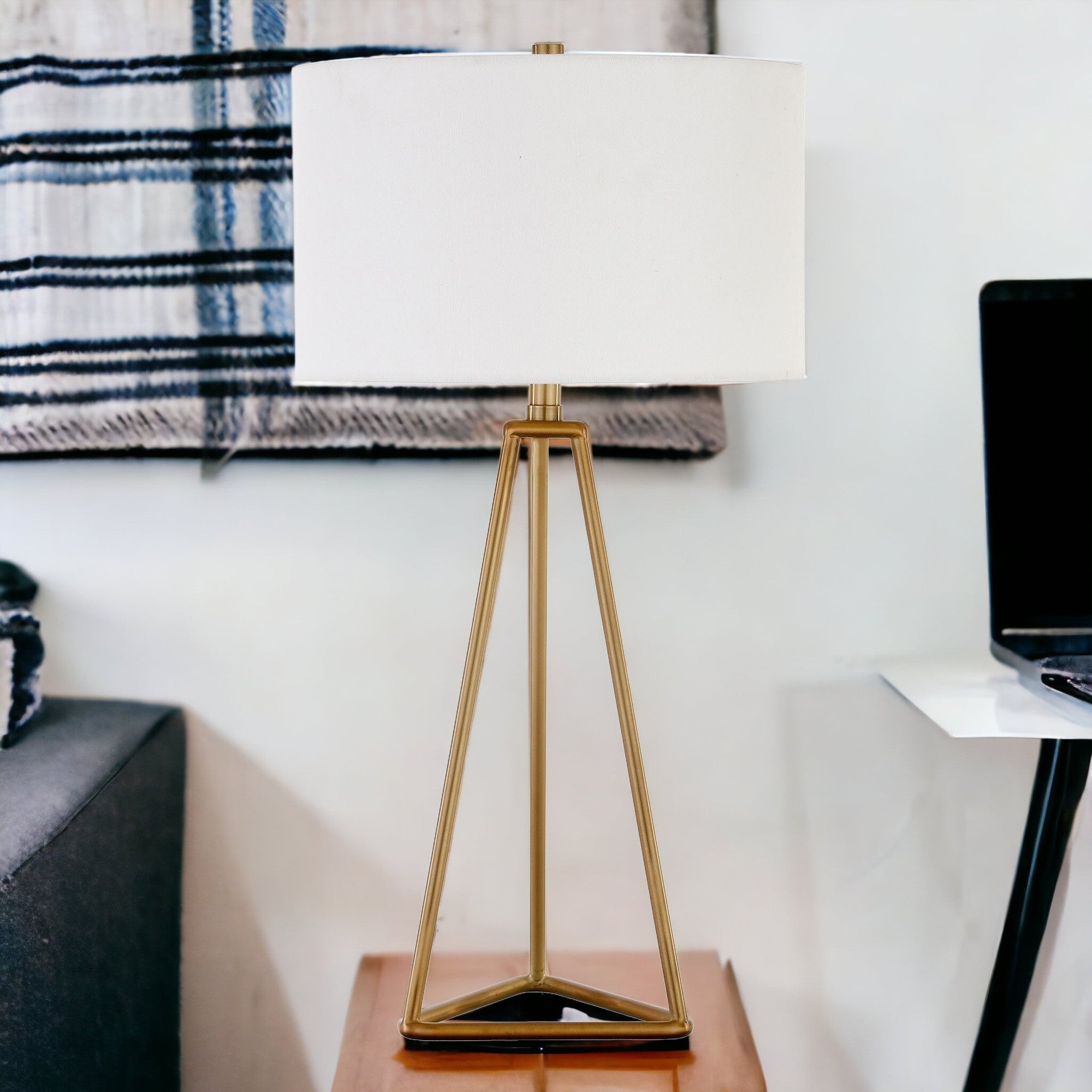 26" Gold Metal Table Lamp With White Drum Shade-2