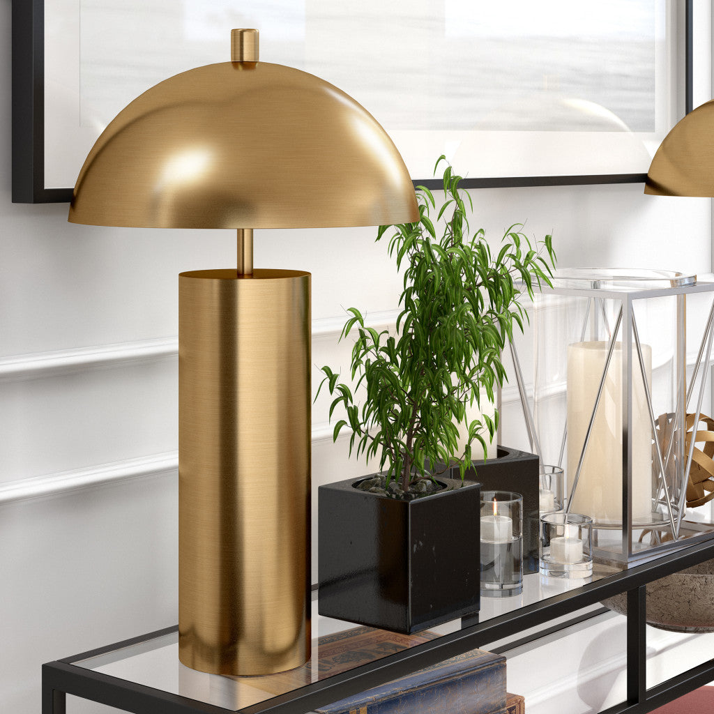 27" Brass Metal Table Lamp With Brass Dome Shade-3