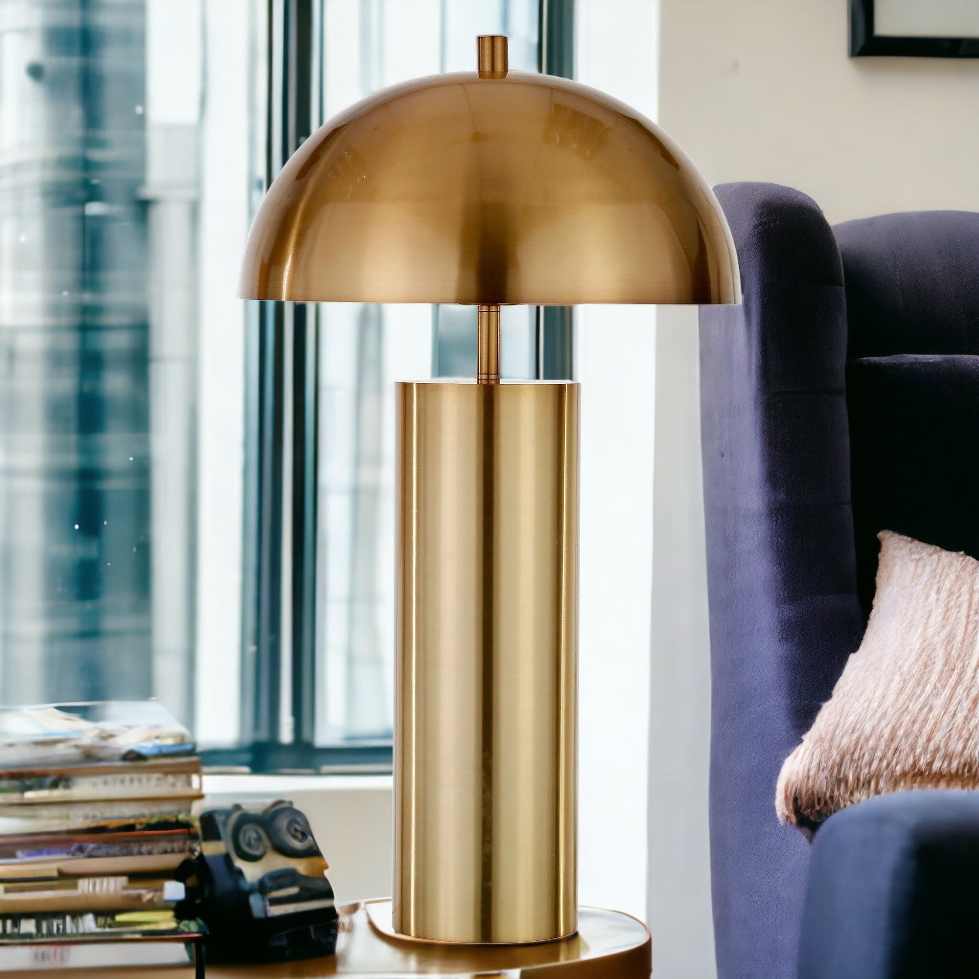 27" Brass Metal Table Lamp With Brass Dome Shade-2