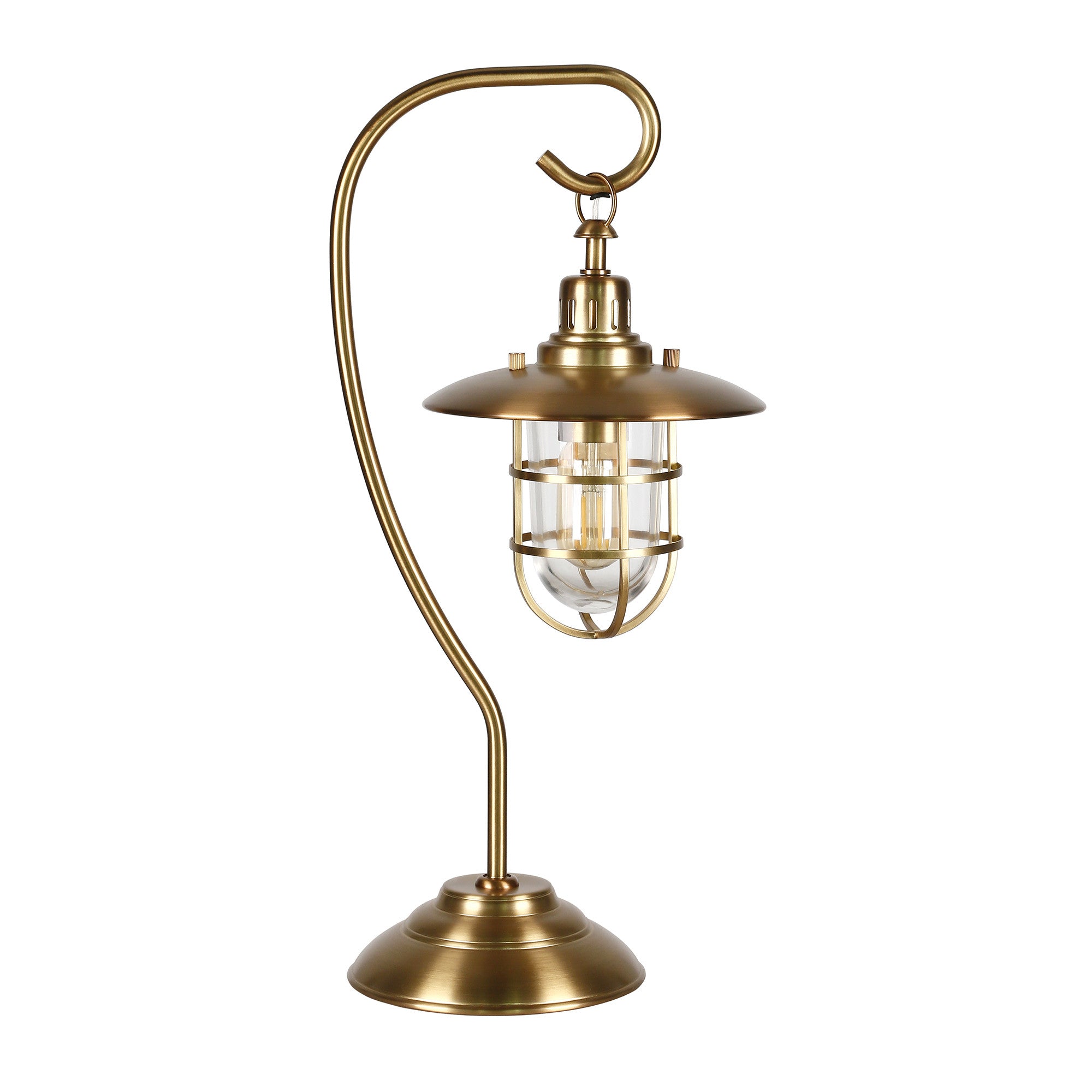 22" Antiqued Brass Metal Arched Table Lamp With Brass Cage Shade-0