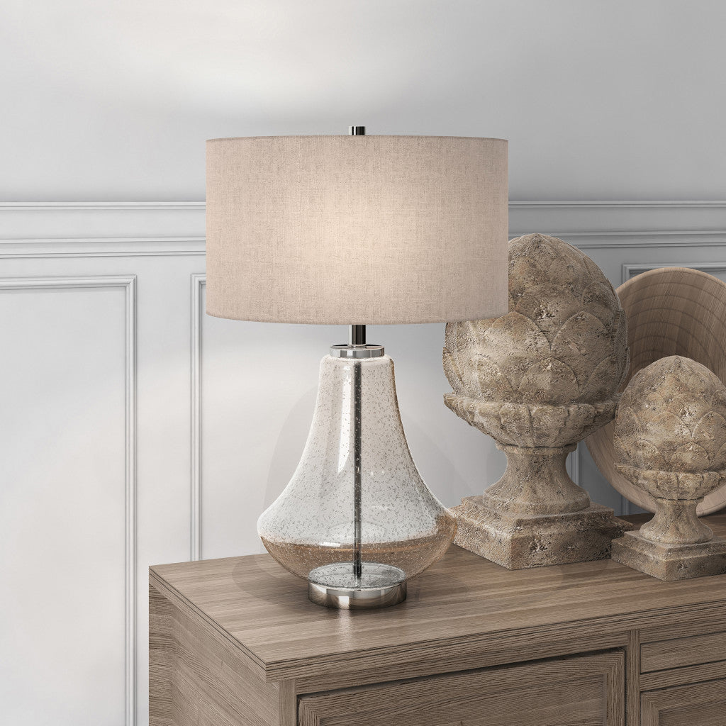 23" Nickel Glass Table Lamp With Flax Drum Shade-5