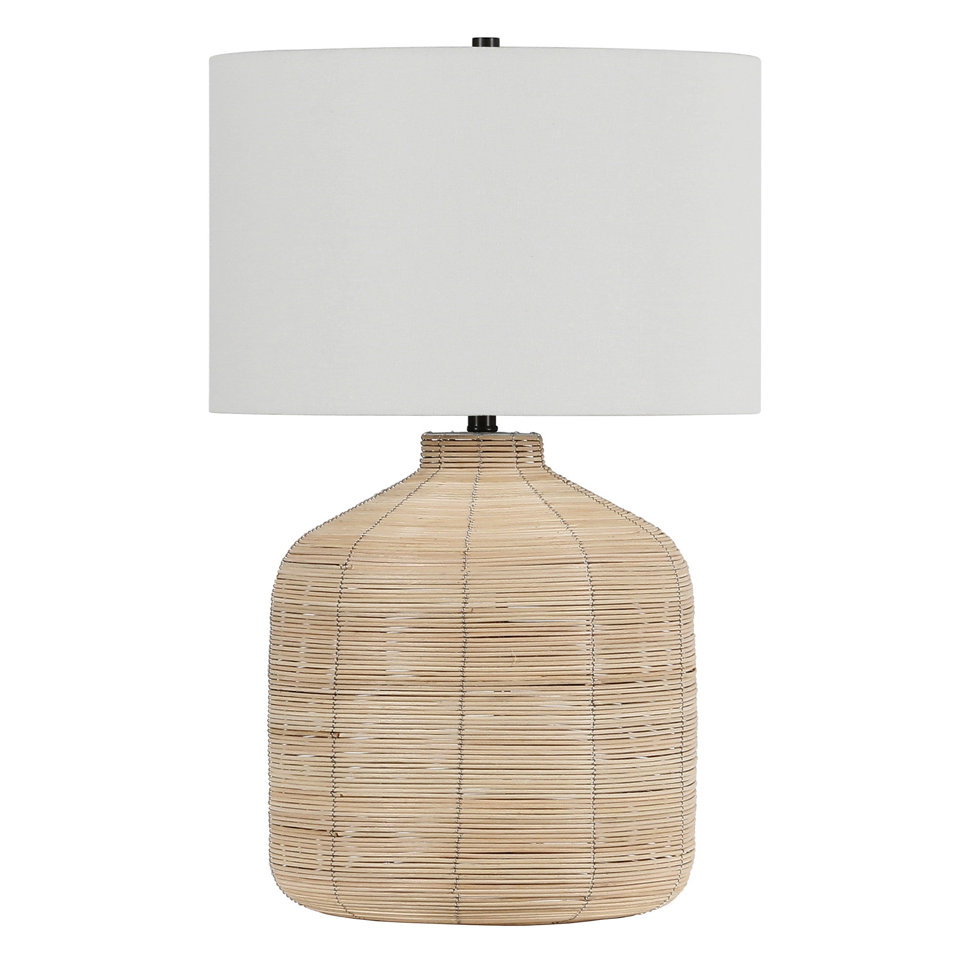 27" Natural Rattan Table Lamp With White Drum Shade-0