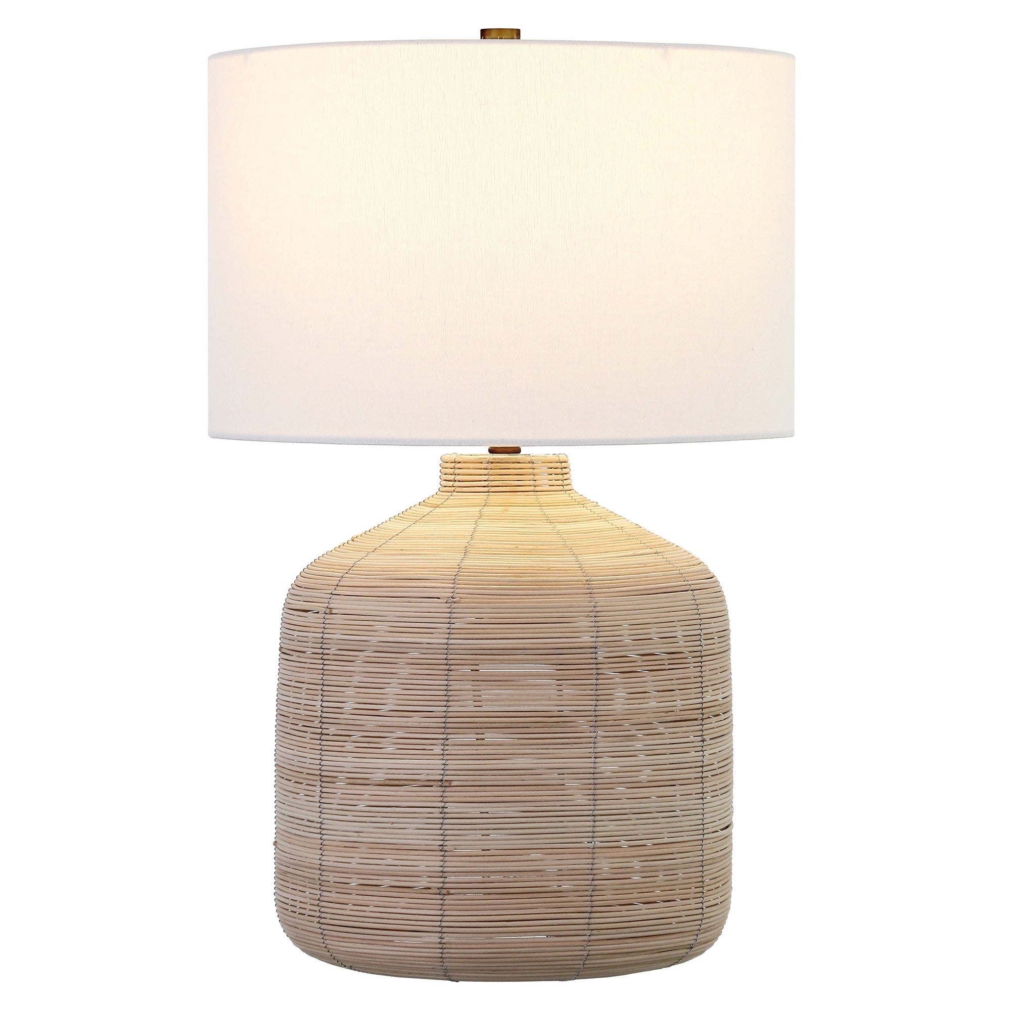 27" Natural Rattan Table Lamp With White Drum Shade-1