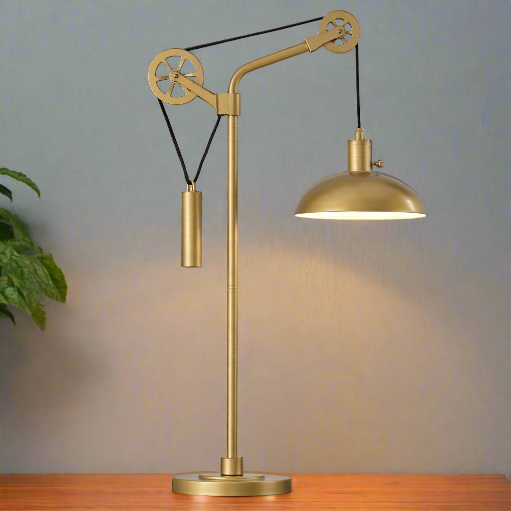 34" Brass Metal Adjustable Novelty Desk Table Lamp With Brass Dome Shade