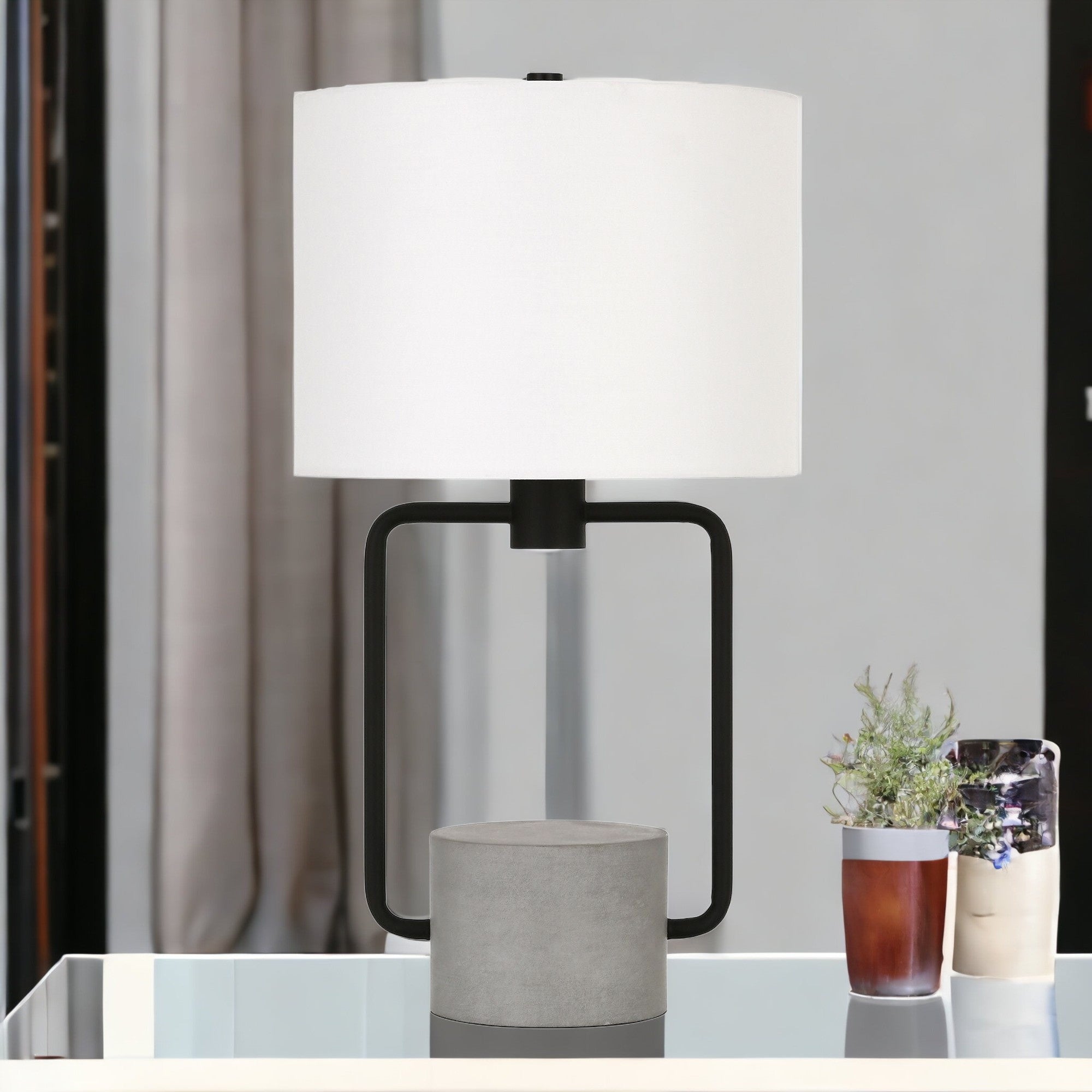 22" Black and Gray Concrete Table Lamp With White Drum Shade-3