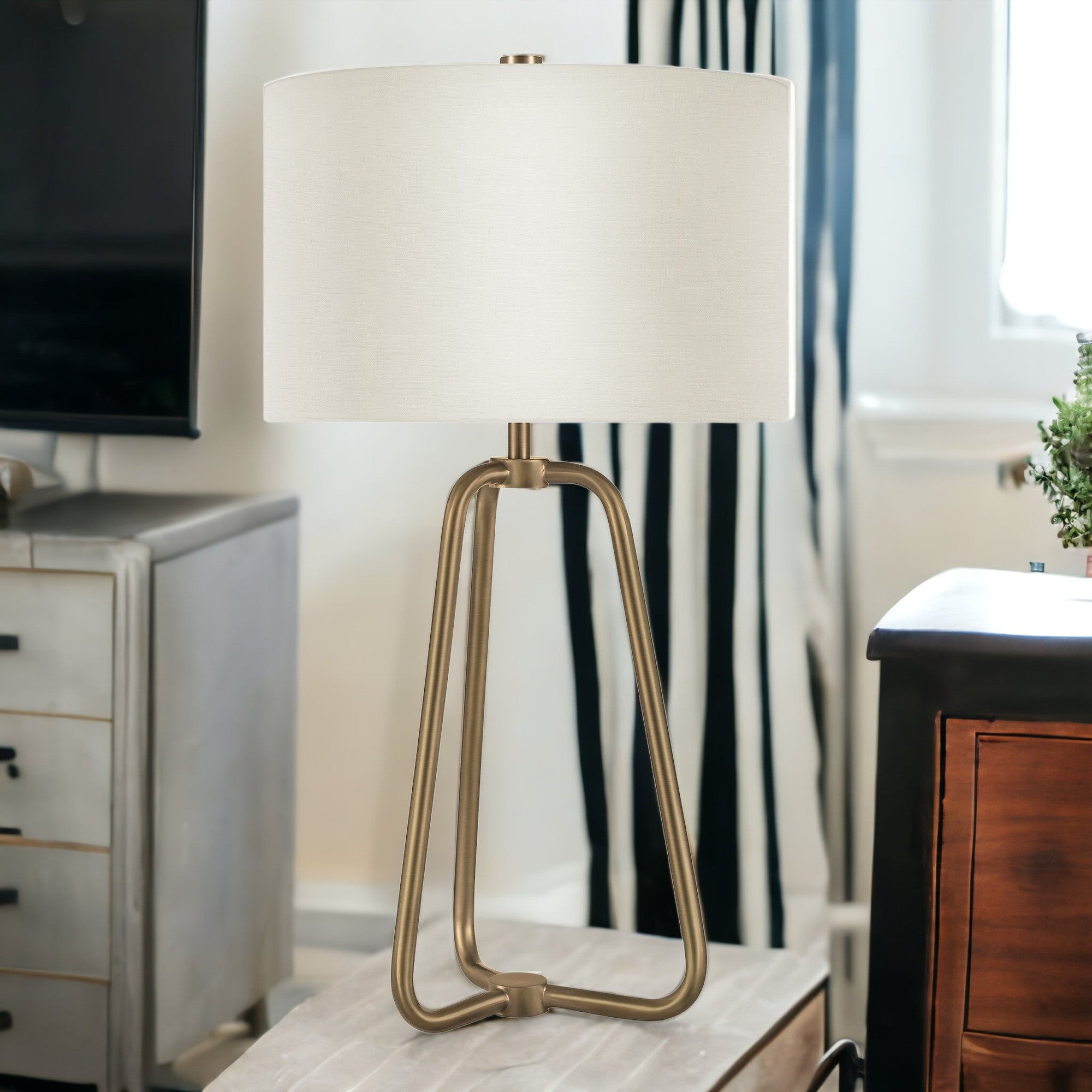 25" Brass Metal Table Lamp With White Drum Shade-2