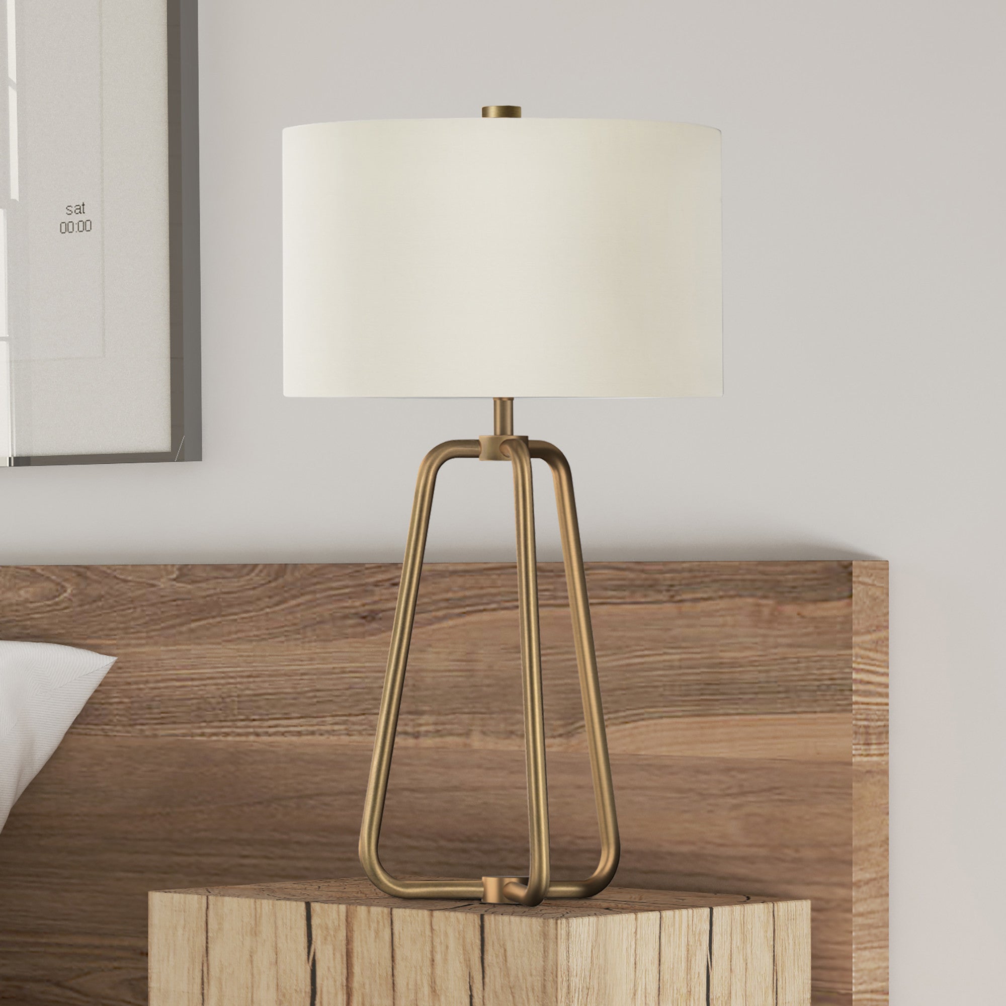 25" Brass Metal Table Lamp With White Drum Shade-4