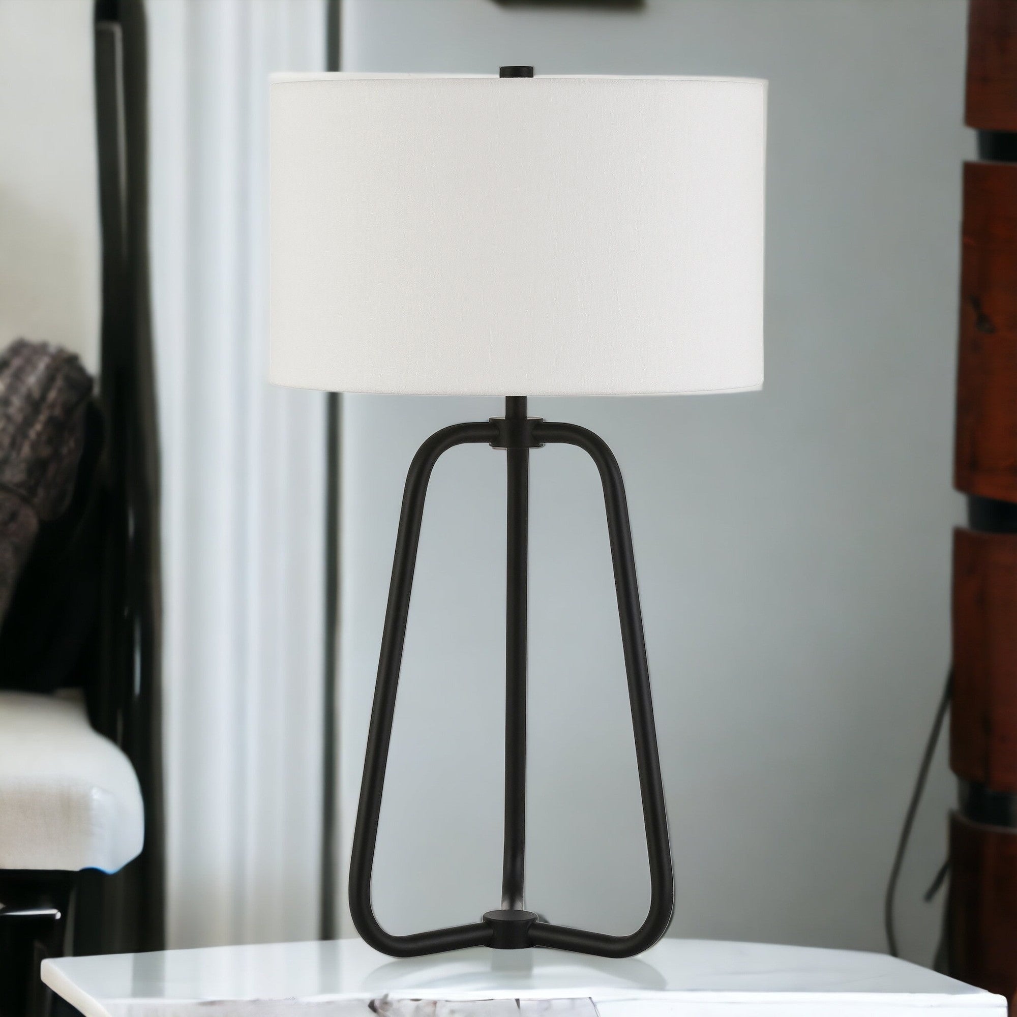 25" Black Metal Table Lamp With White Drum Shade-3