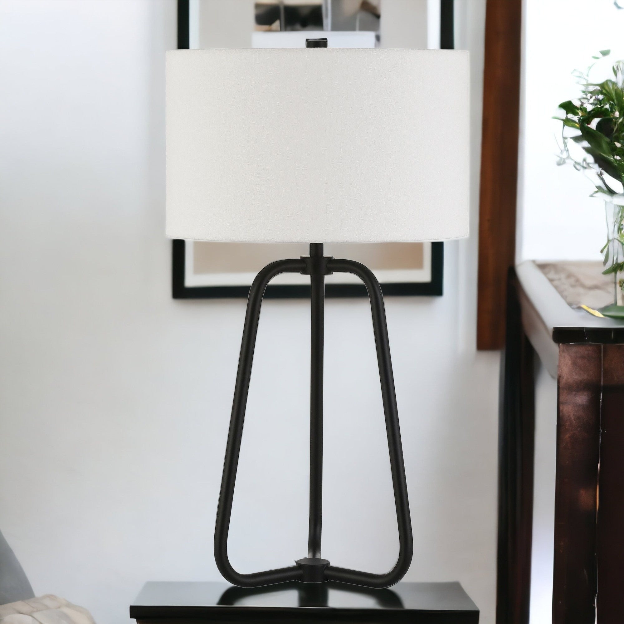 25" Black Metal Table Lamp With White Drum Shade-2