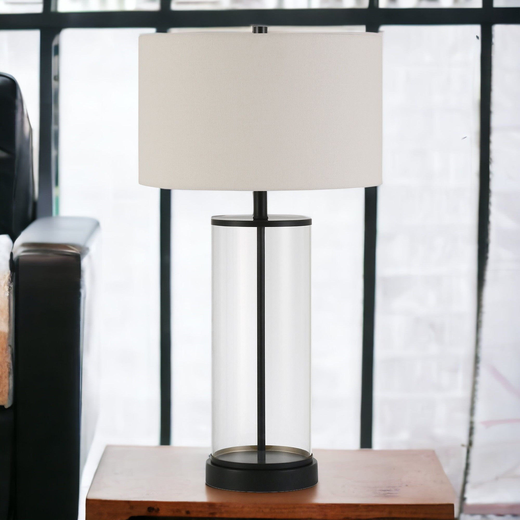 28" Black Glass Table Lamp With White Drum Shade-3