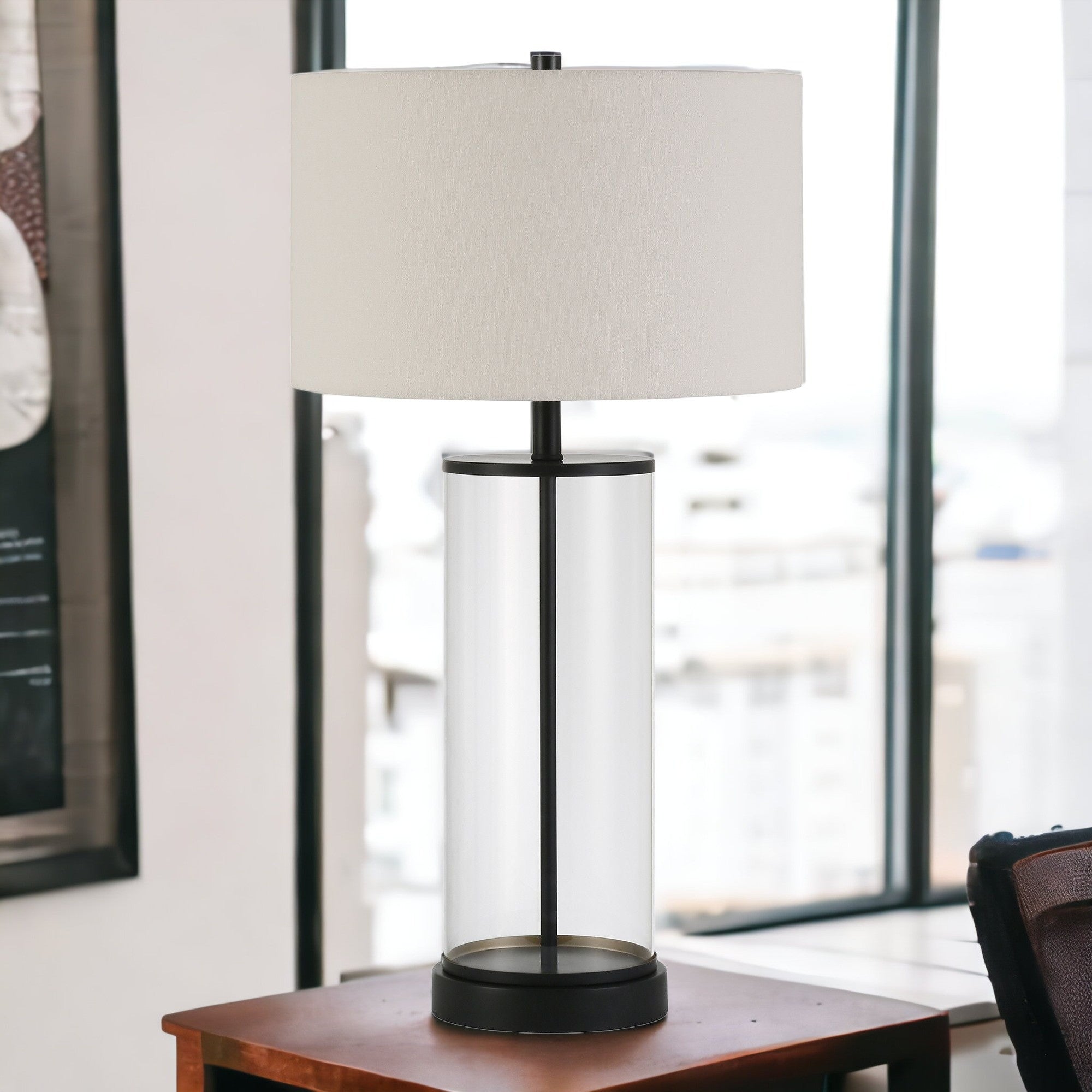 28" Black Glass Table Lamp With White Drum Shade-4