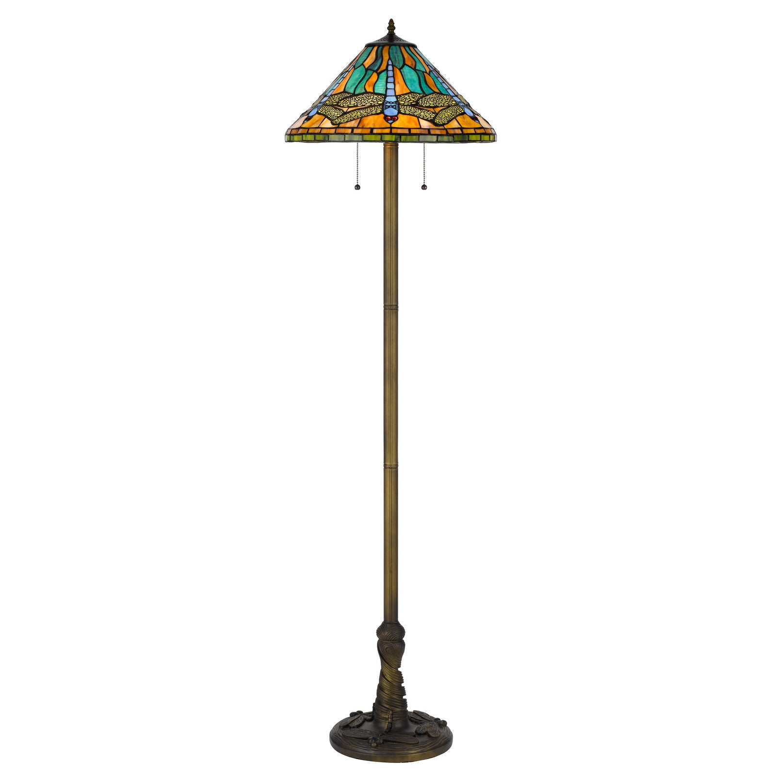 63" Brass Two Light Traditional Shaped Floor Lamp With Blue and Orange Dragonfly Tiffany Glass Empire Shade-0