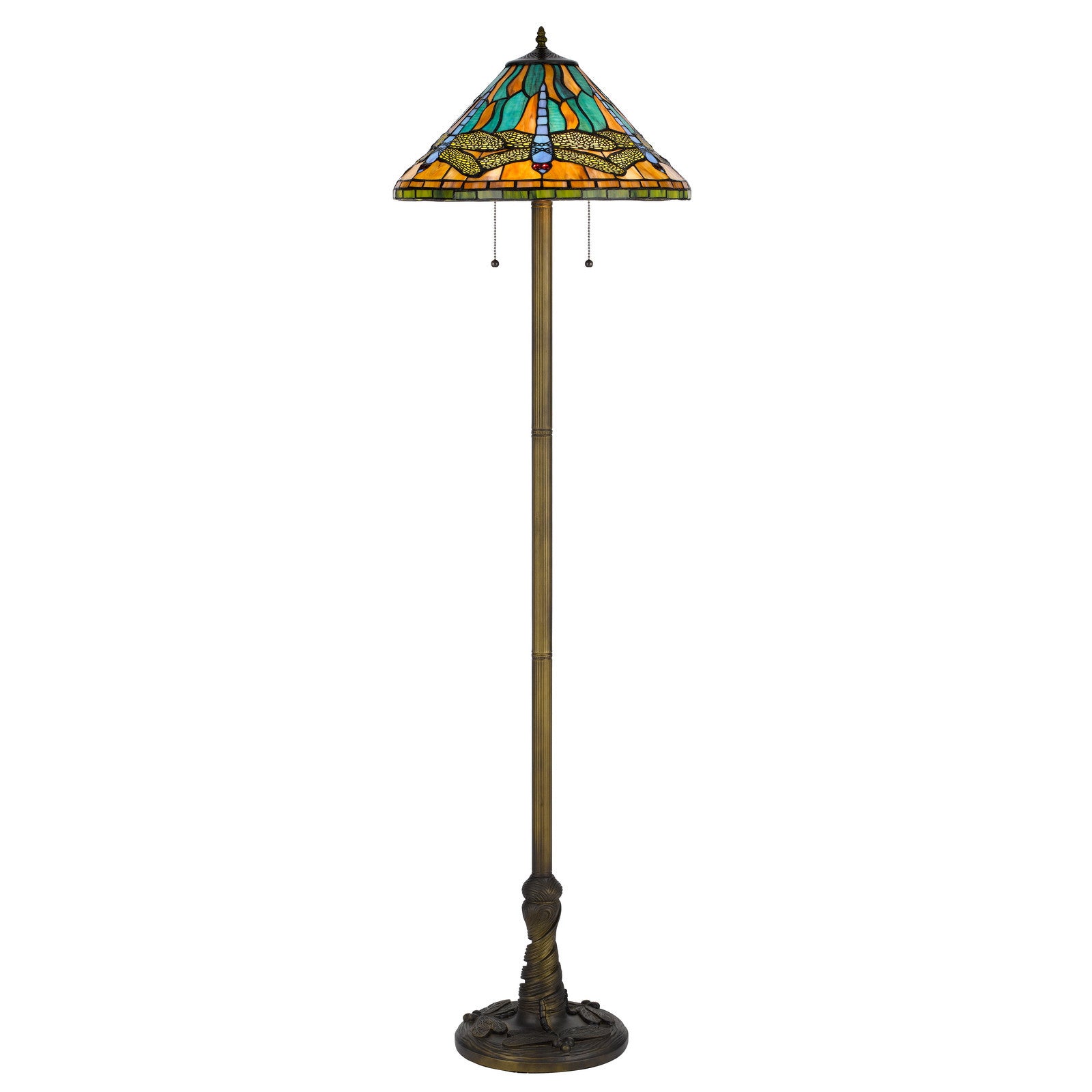 63" Brass Two Light Traditional Shaped Floor Lamp With Blue and Orange Dragonfly Tiffany Glass Empire Shade-1