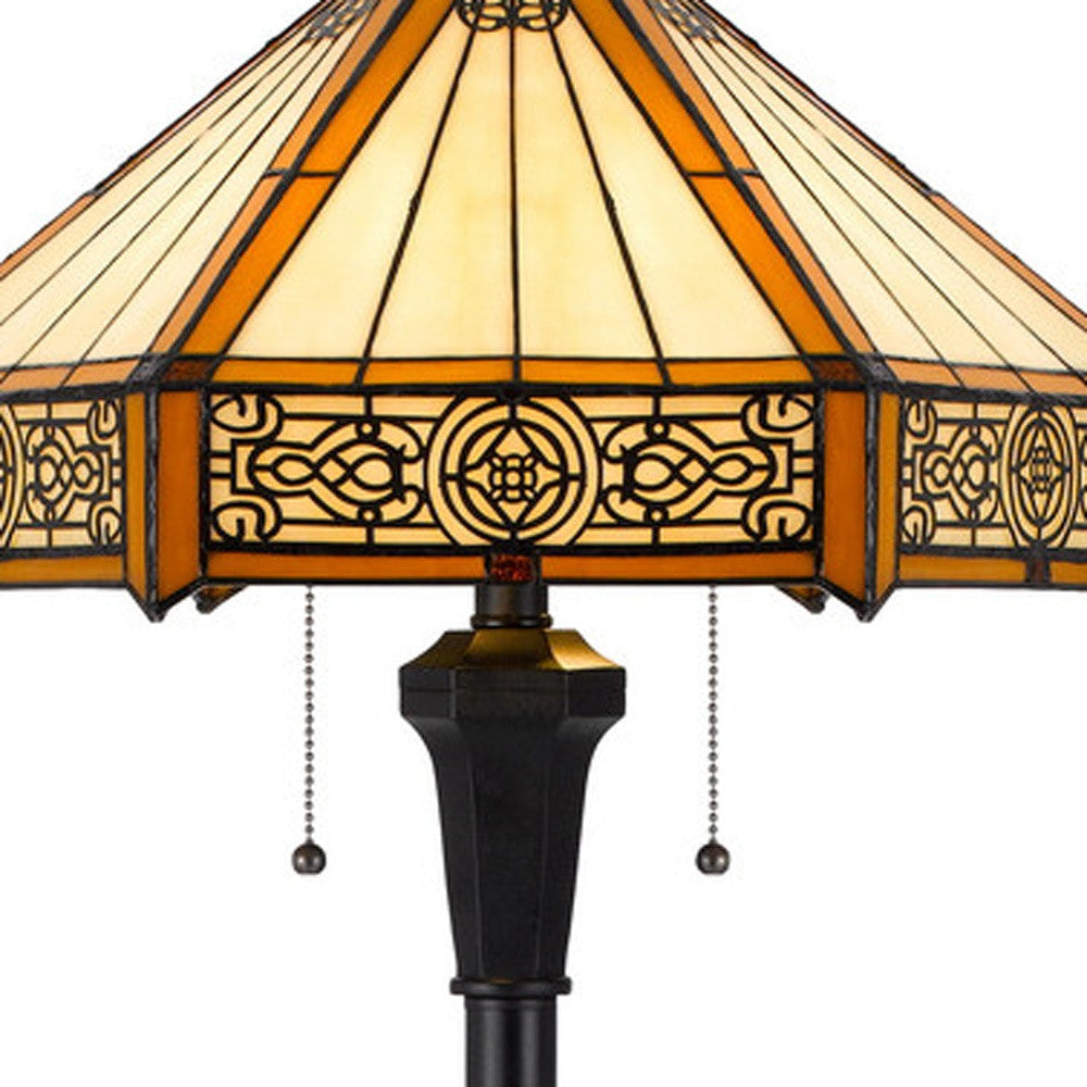 60" Bronze Two Light Traditional Shaped Floor Lamp With Orange and Ivory Abstract Tiffany Glass Empire Shade-3