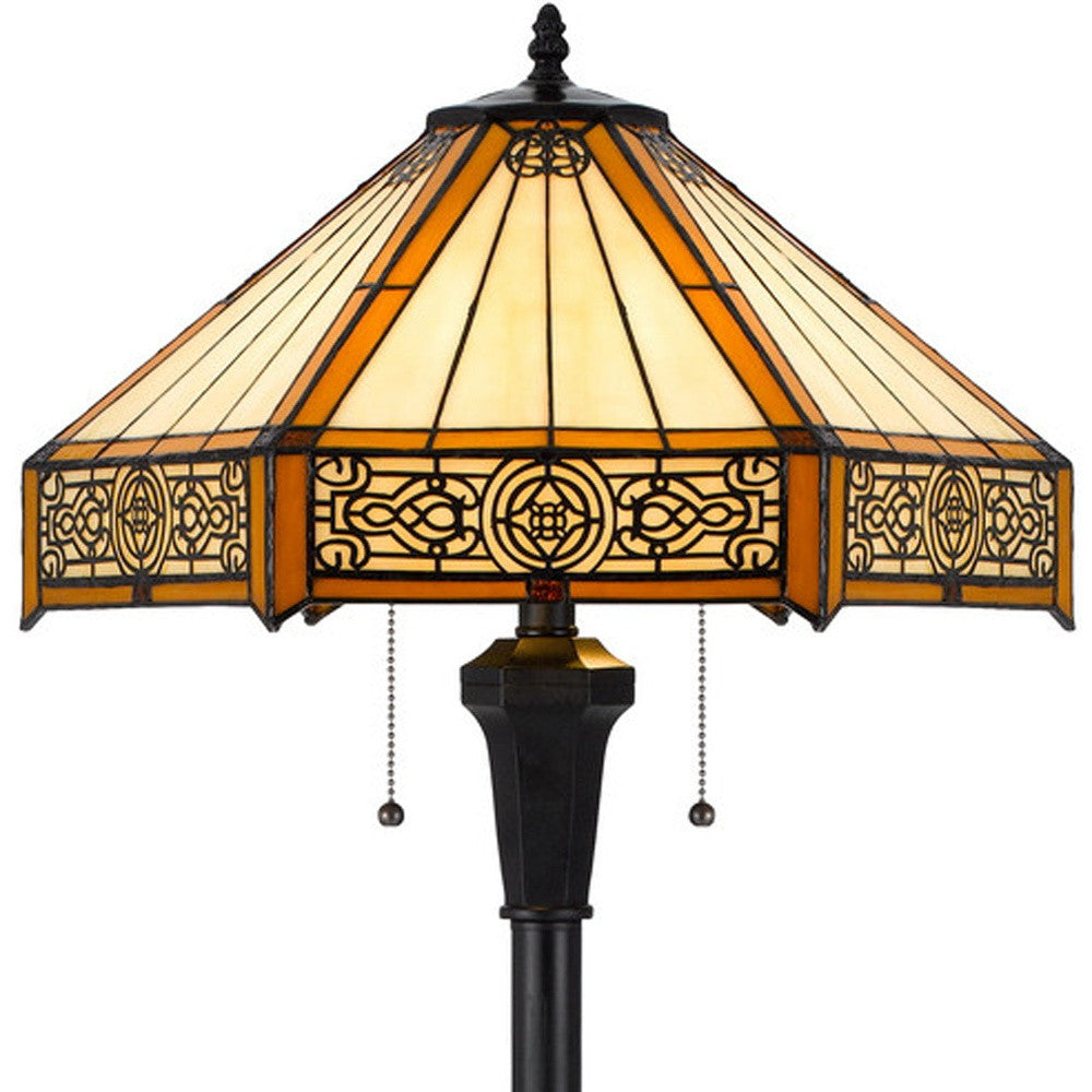 60" Bronze Two Light Traditional Shaped Floor Lamp With Orange and Ivory Abstract Tiffany Glass Empire Shade-4