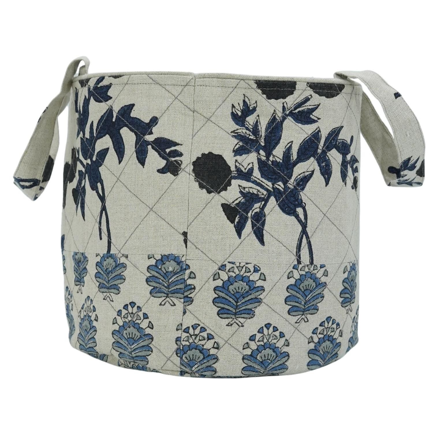 FLORAL LINEN HANGING ORGANIZER HOME DECOR CONTAINER SET IN BLACK & BLUE - BHEESHMA