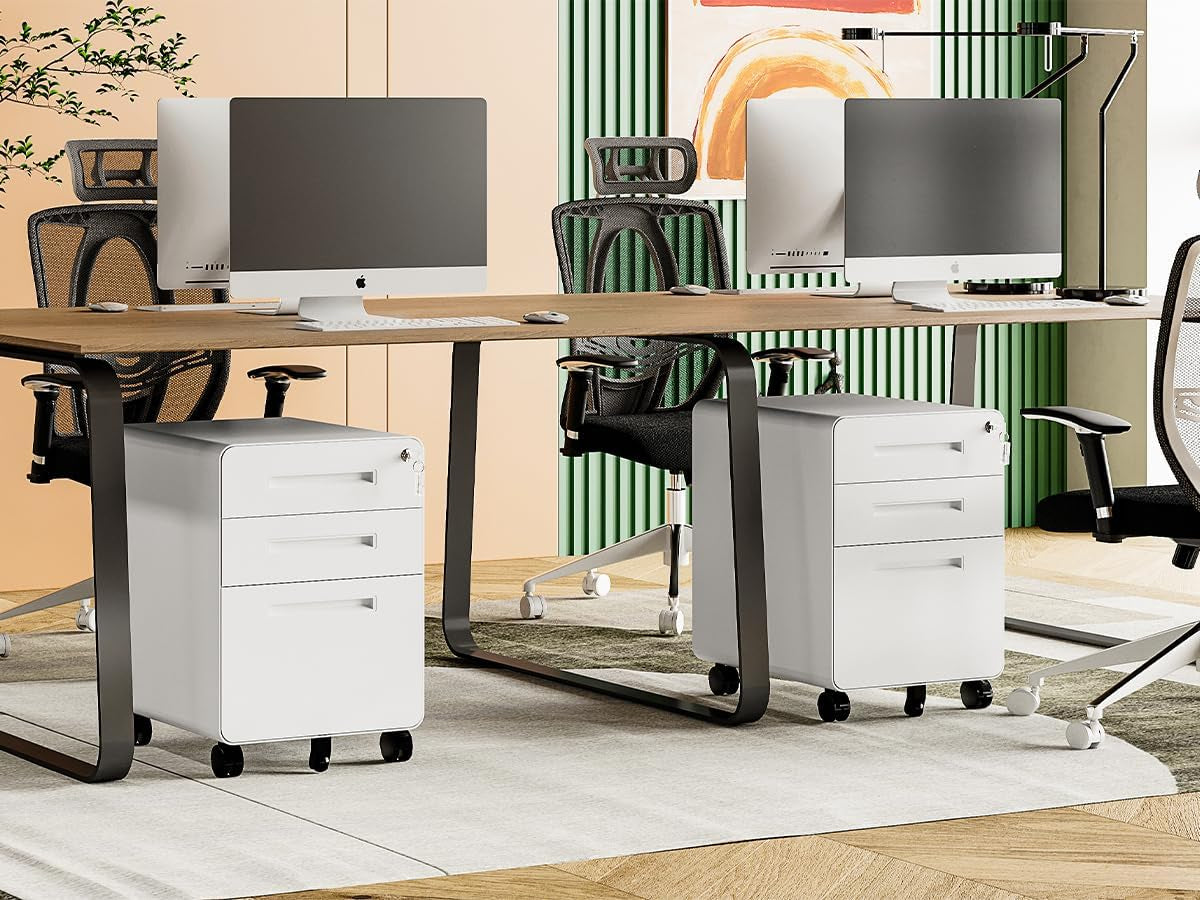 Mobile Filing Cabinet 3 Drawer White Lock On Wheels