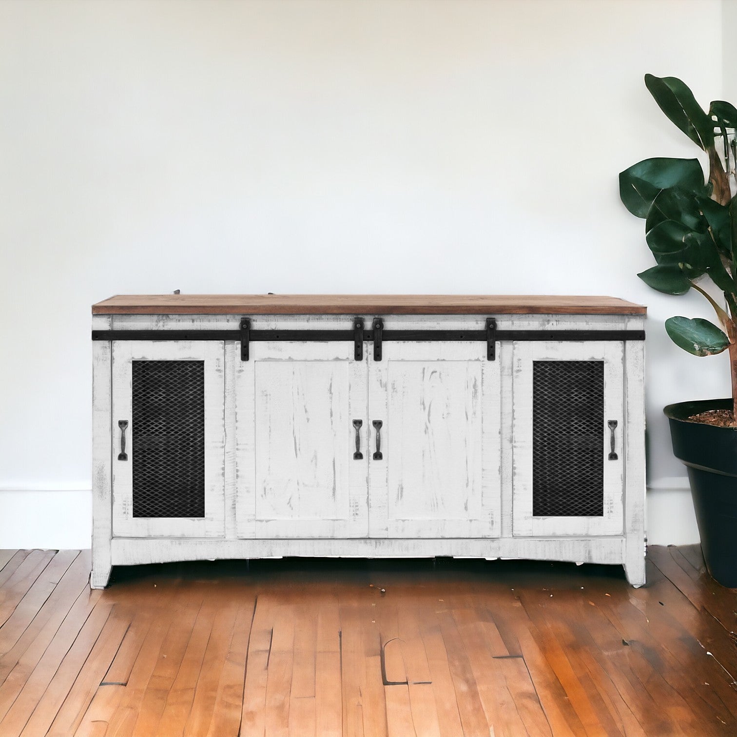 68" White Solid Wood Cabinet Enclosed Storage Distressed TV Stand-5