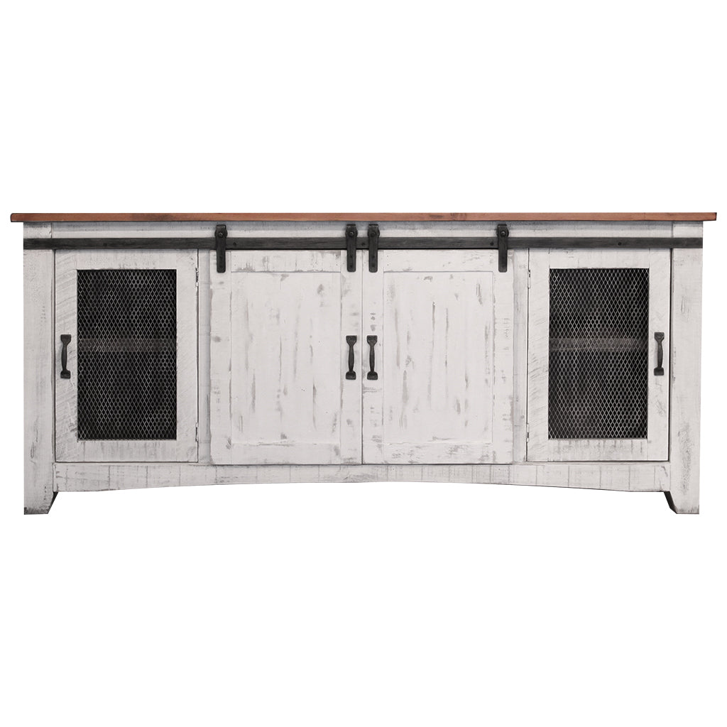 79" White Solid Wood Cabinet Enclosed Storage Distressed TV Stand-0