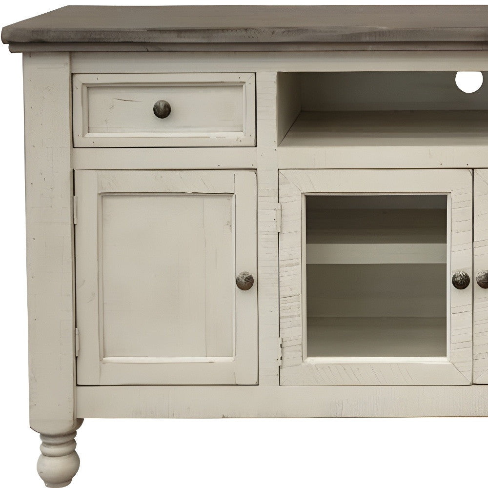 60" Ivory Solid Wood Open shelving Distressed TV Stand-3