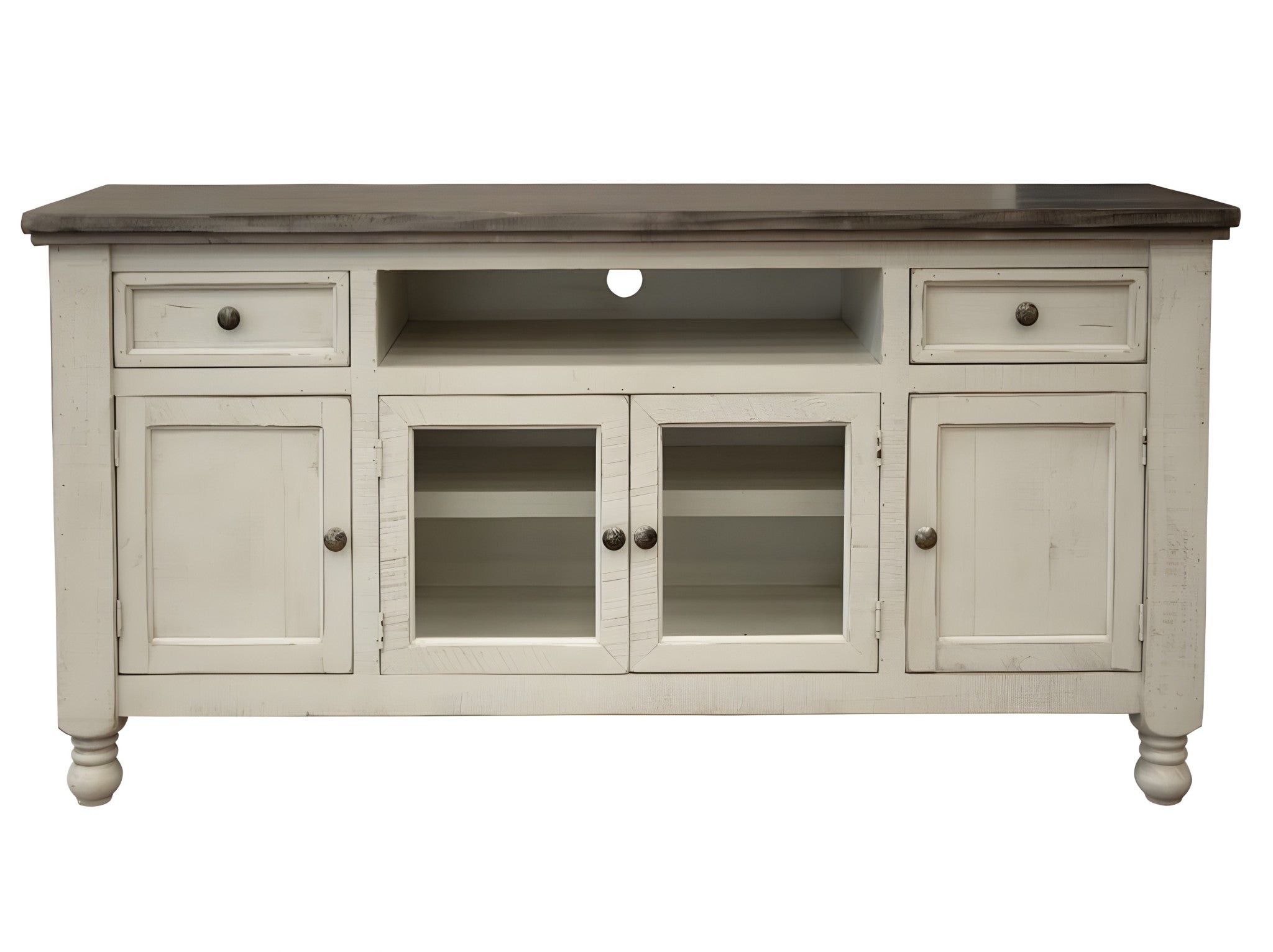 60" Ivory Solid Wood Open shelving Distressed TV Stand-0