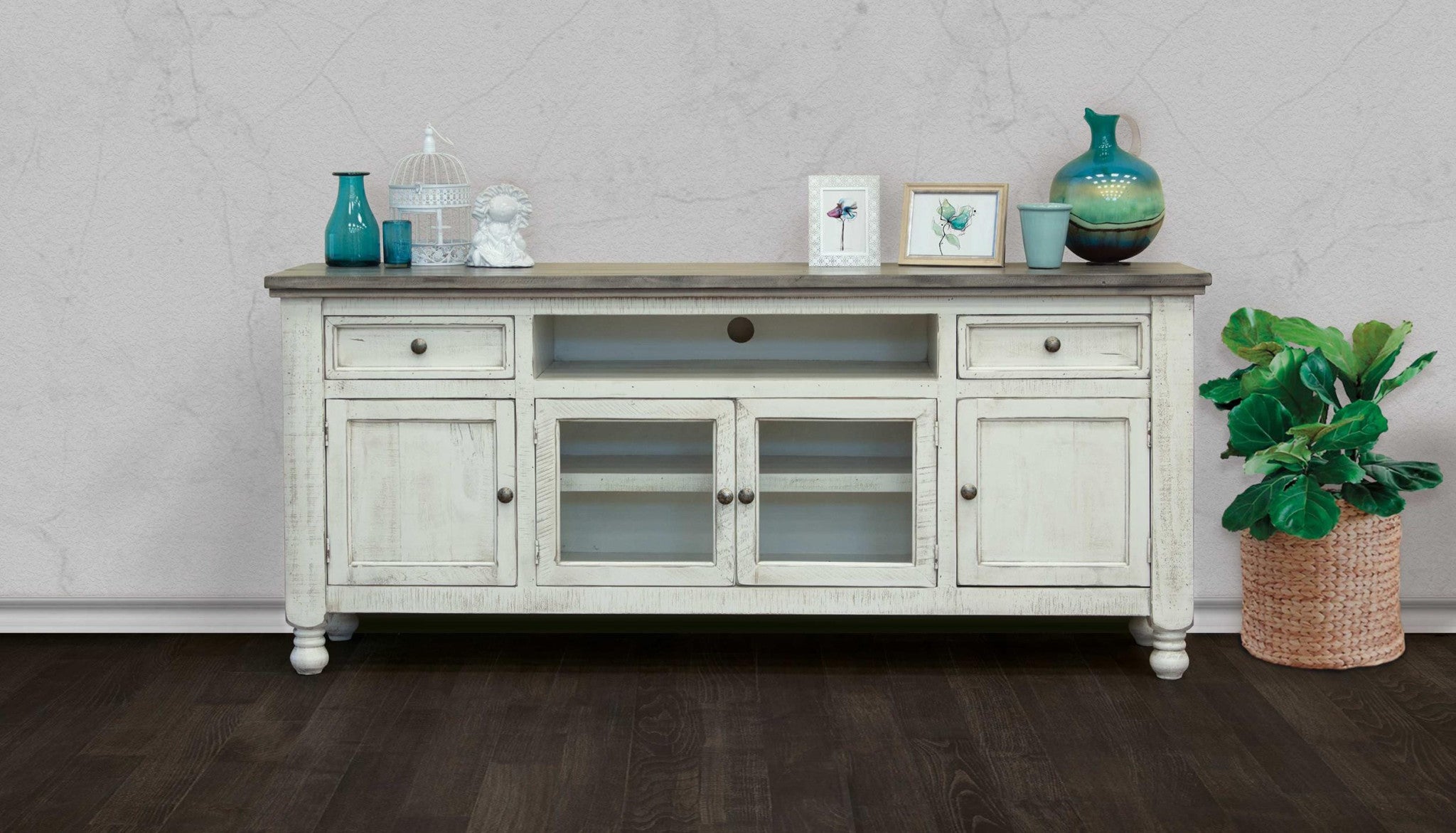 79" Ivory Solid Wood Open shelving Distressed TV Stand-3