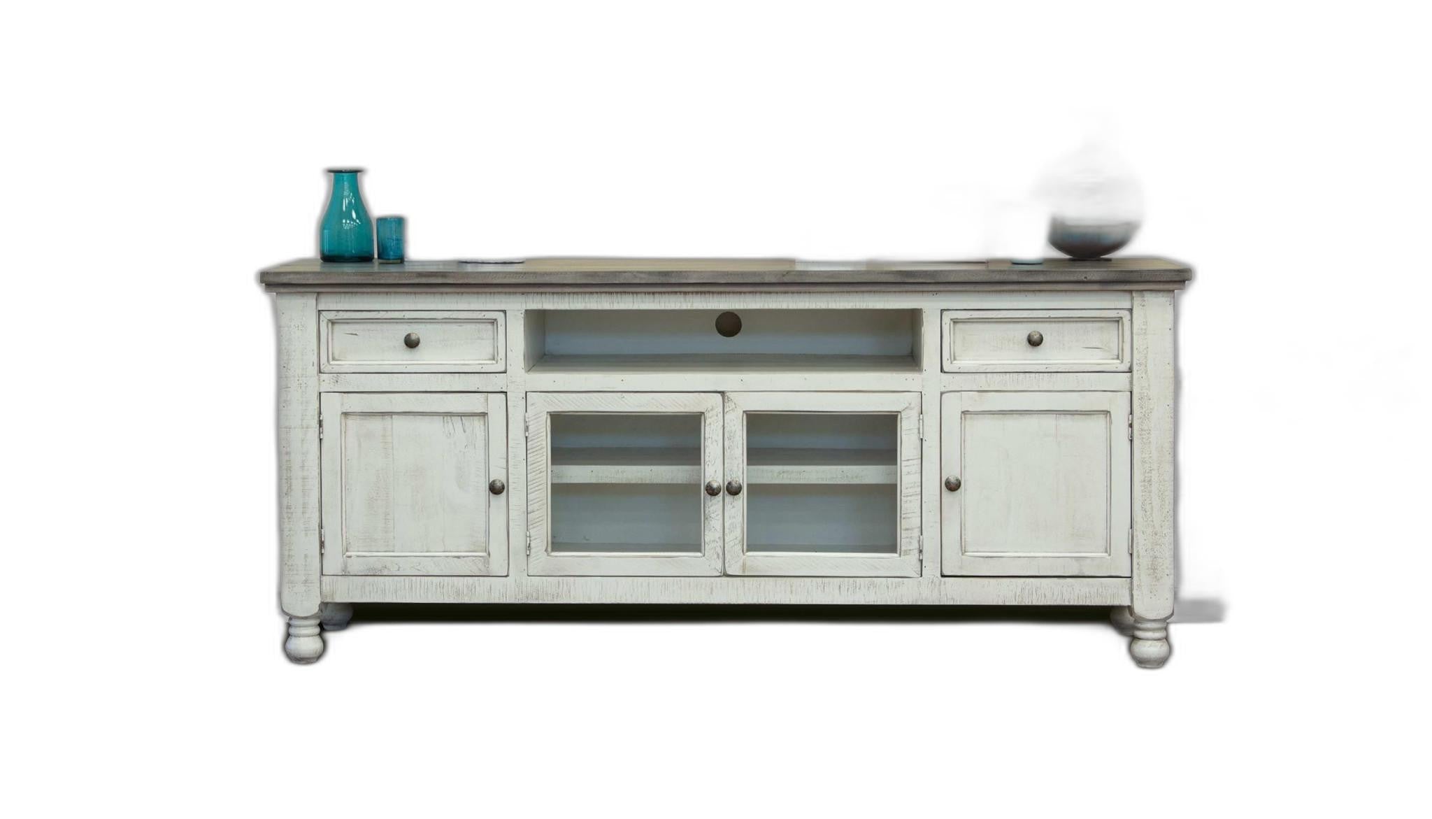 79" Ivory Solid Wood Open shelving Distressed TV Stand-0