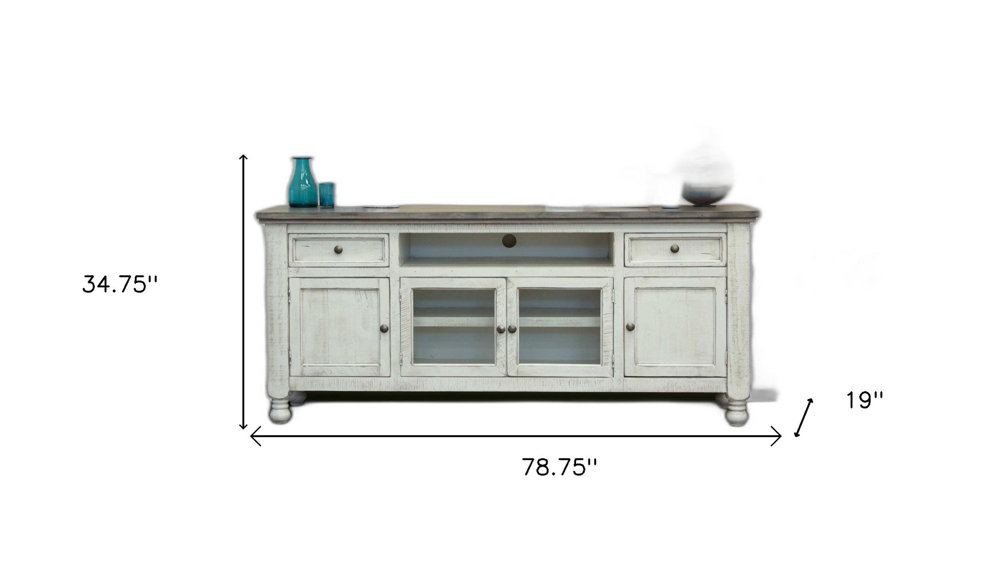 79" Ivory Solid Wood Open shelving Distressed TV Stand-5