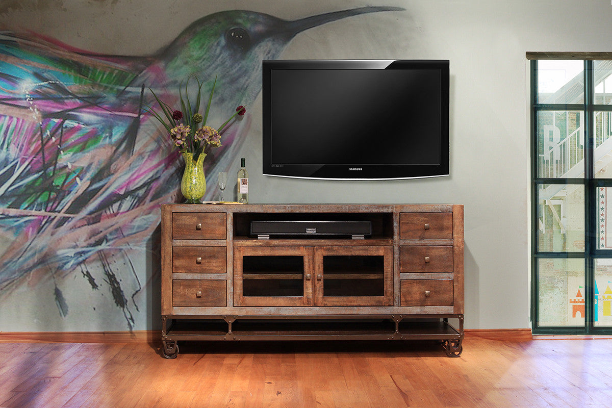 76" Brown Solid Wood Cabinet Enclosed Storage Distressed TV Stand-2