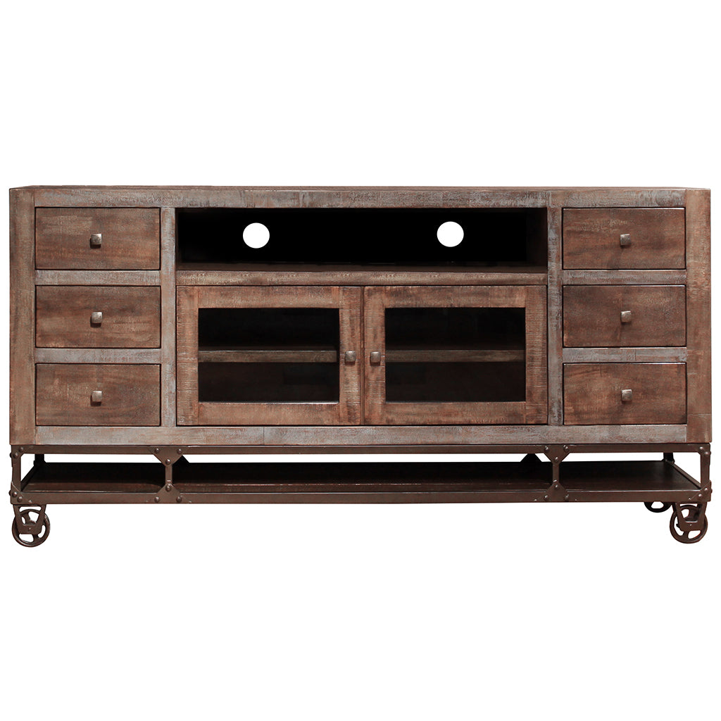 76" Brown Solid Wood Cabinet Enclosed Storage Distressed TV Stand-0