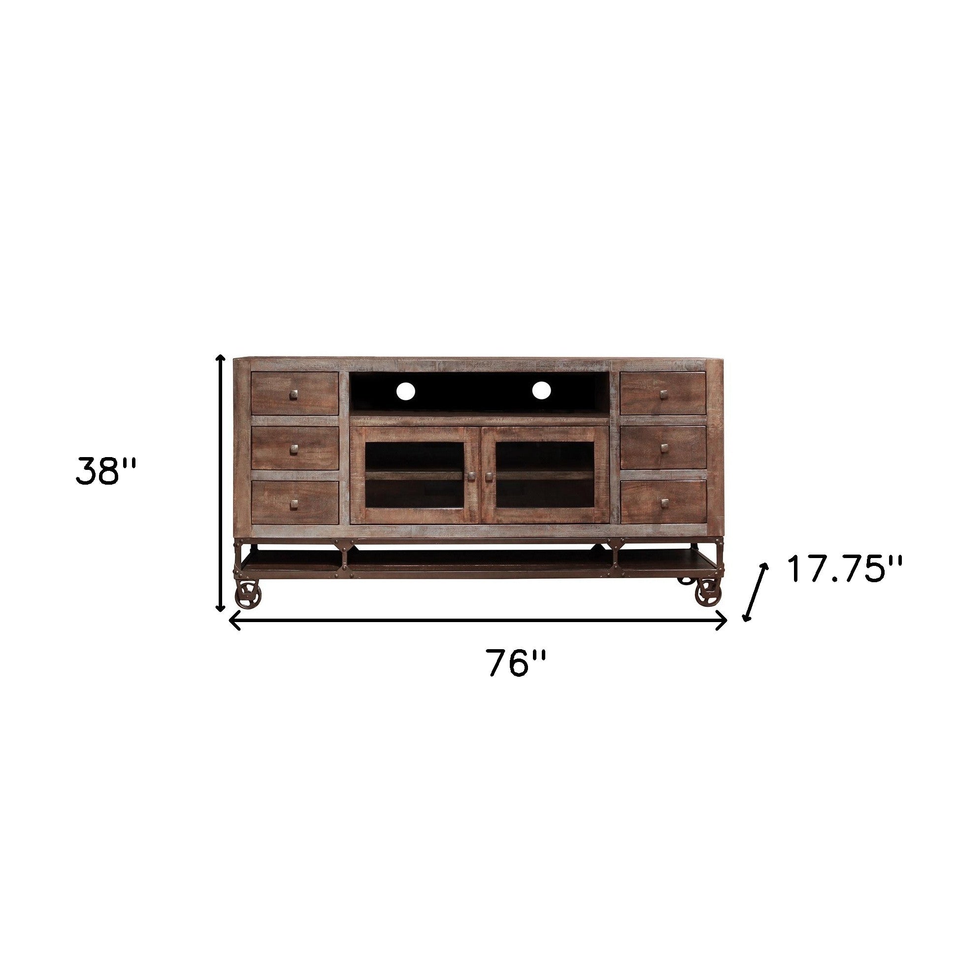 76" Brown Solid Wood Cabinet Enclosed Storage Distressed TV Stand-3