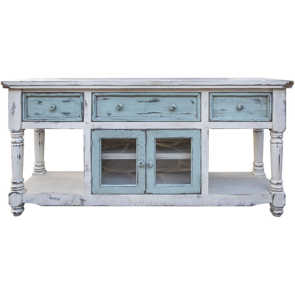 70" Blue and White Solid Wood Open shelving Distressed TV Stand-0