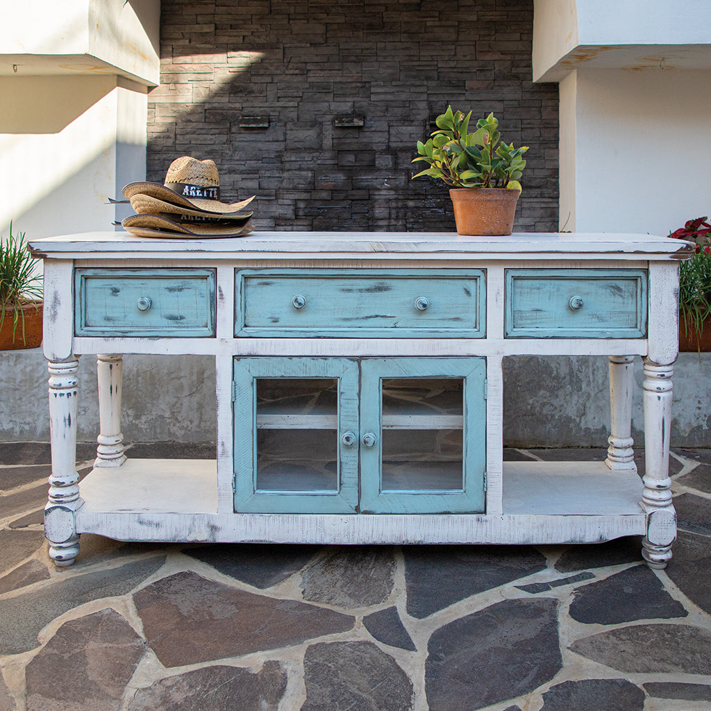 70" Blue and White Solid Wood Open shelving Distressed TV Stand-3