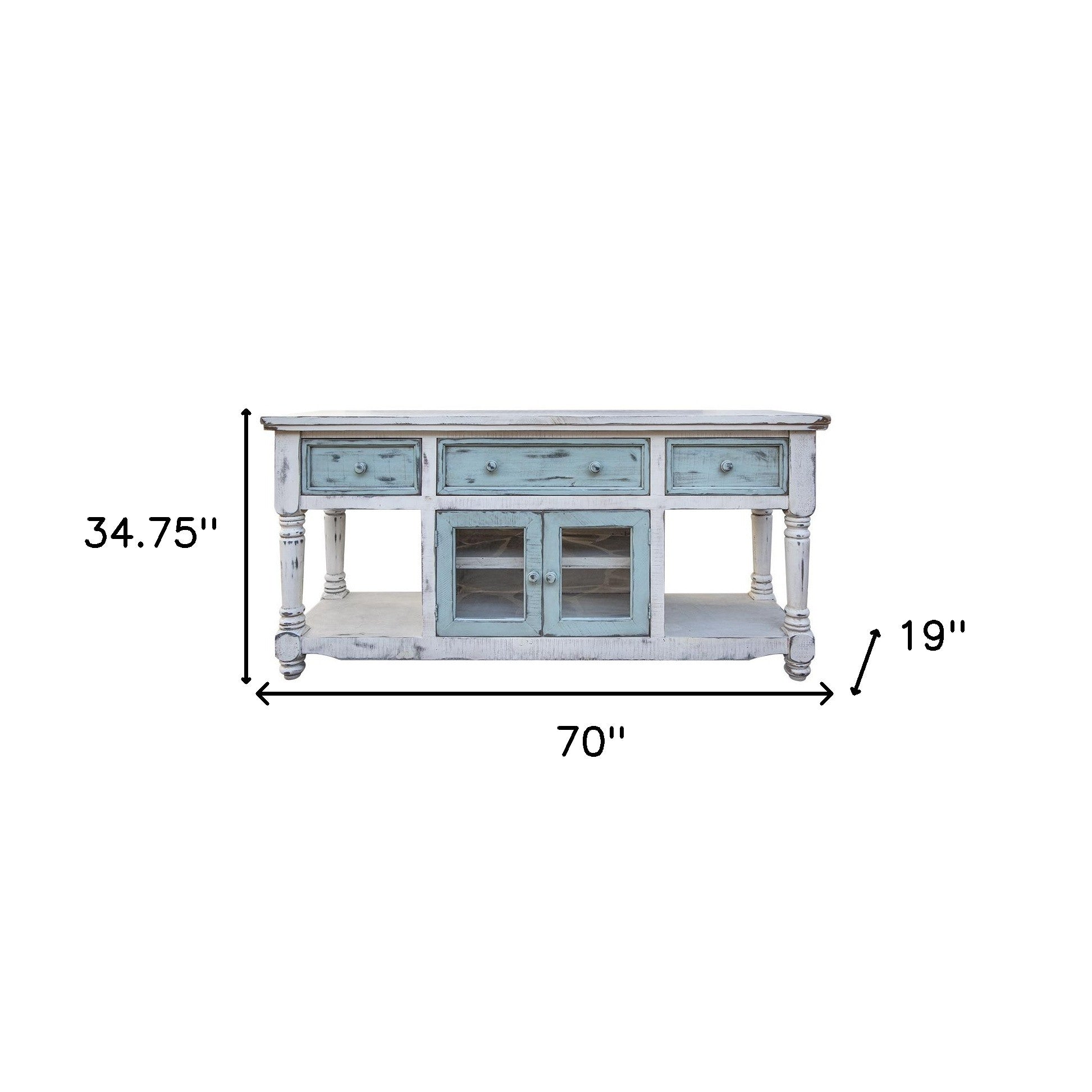 70" Blue and White Solid Wood Open shelving Distressed TV Stand-4