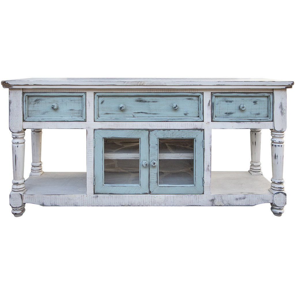 70" Blue and White Solid Wood Open shelving Distressed TV Stand-2