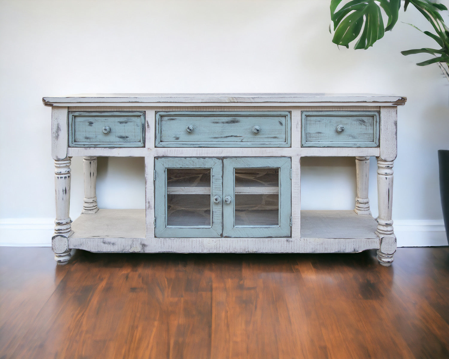 70" Blue and White Solid Wood Open shelving Distressed TV Stand-1