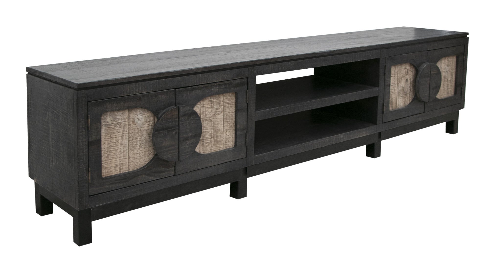 93" Black Solid Wood Cabinet Enclosed Storage Distressed TV Stand-0