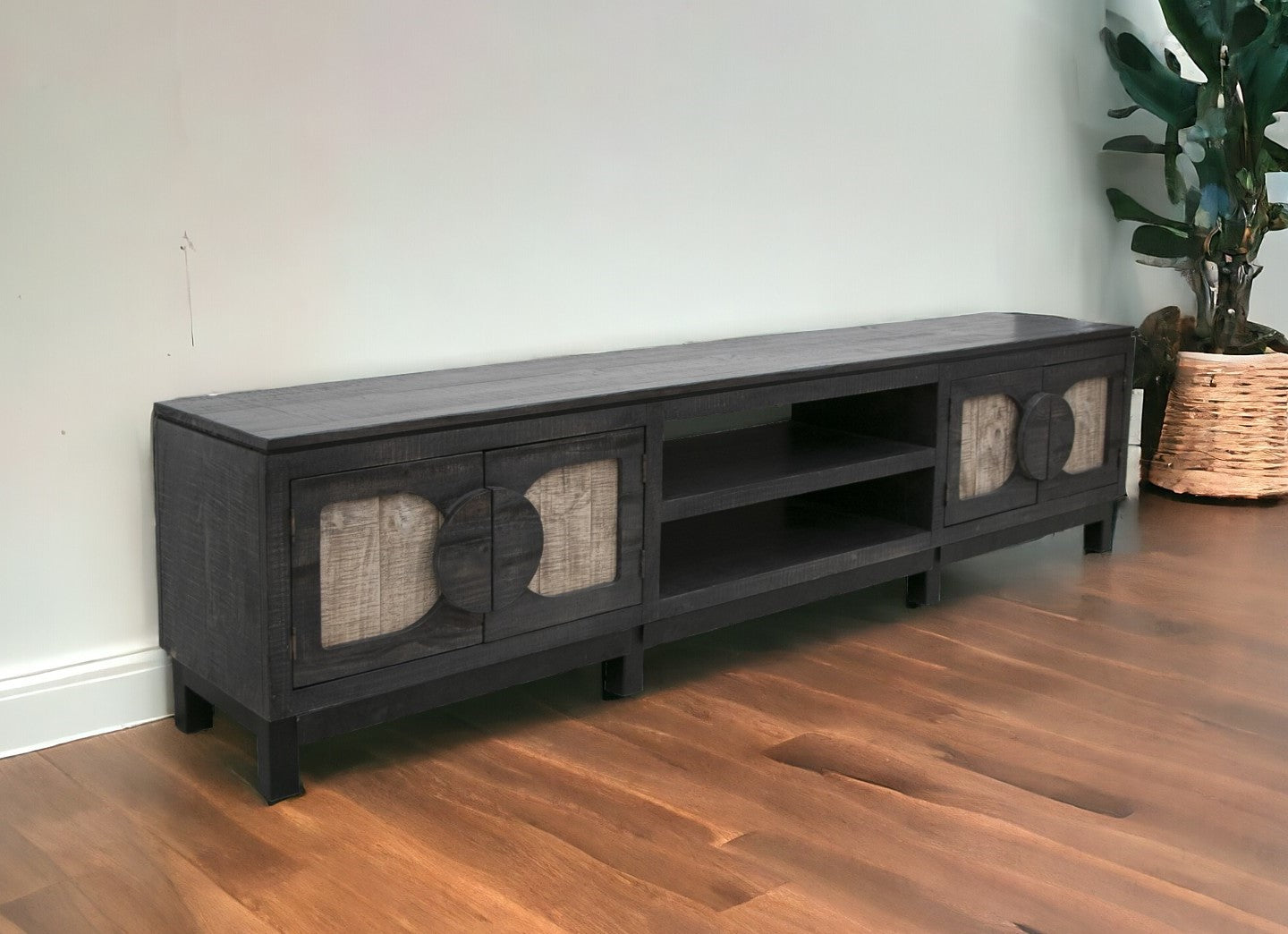 93" Black Solid Wood Cabinet Enclosed Storage Distressed TV Stand-1