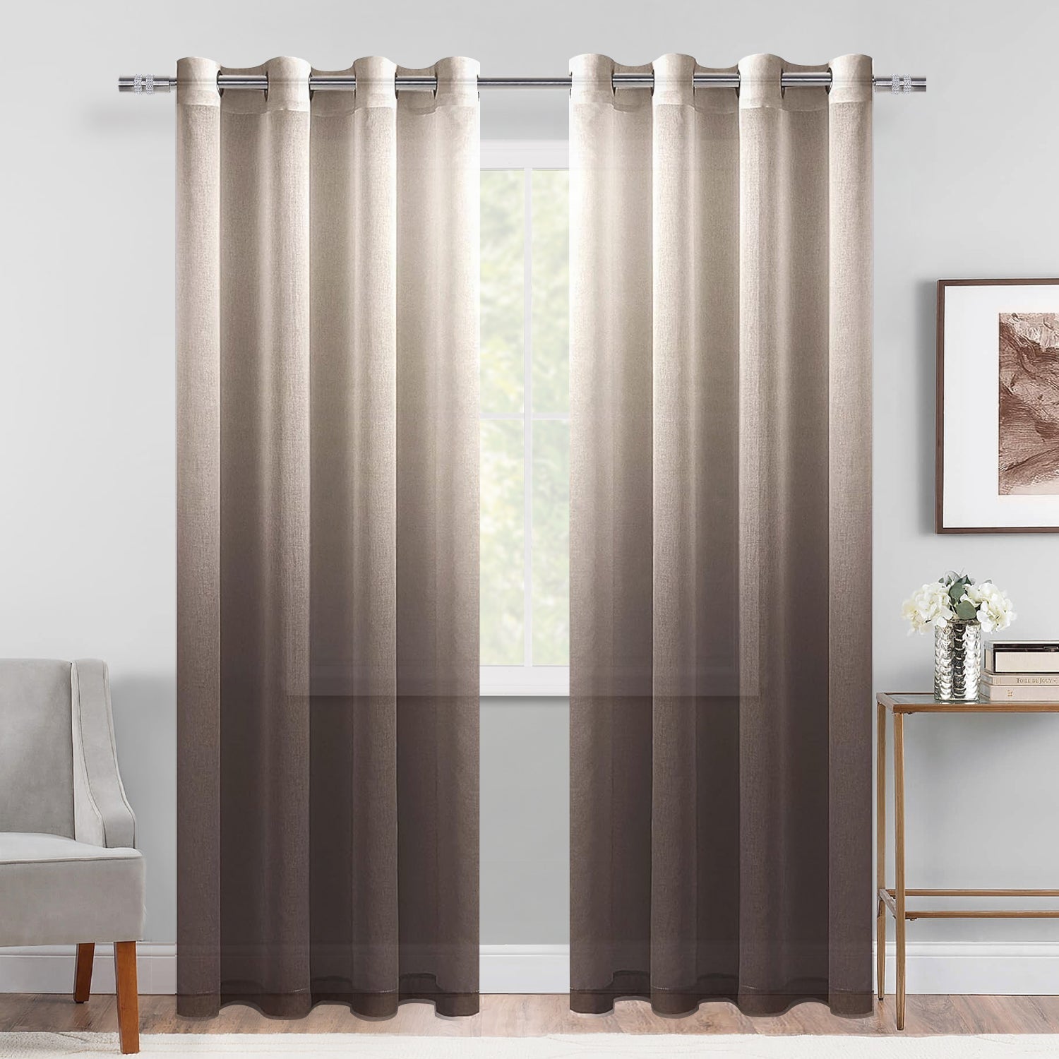 DWCN Faux Linen Ombre Sheer Curtains, Set of 2 Panels-9