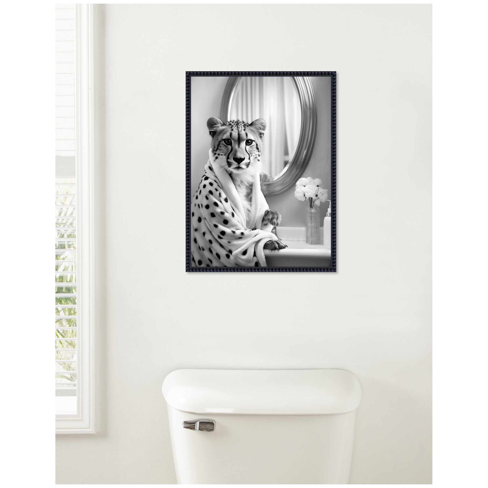 Sylvie Cheetah Glam Bathroom Towel Robe Black and White Framed Canvas by The Creative Bunch Studio